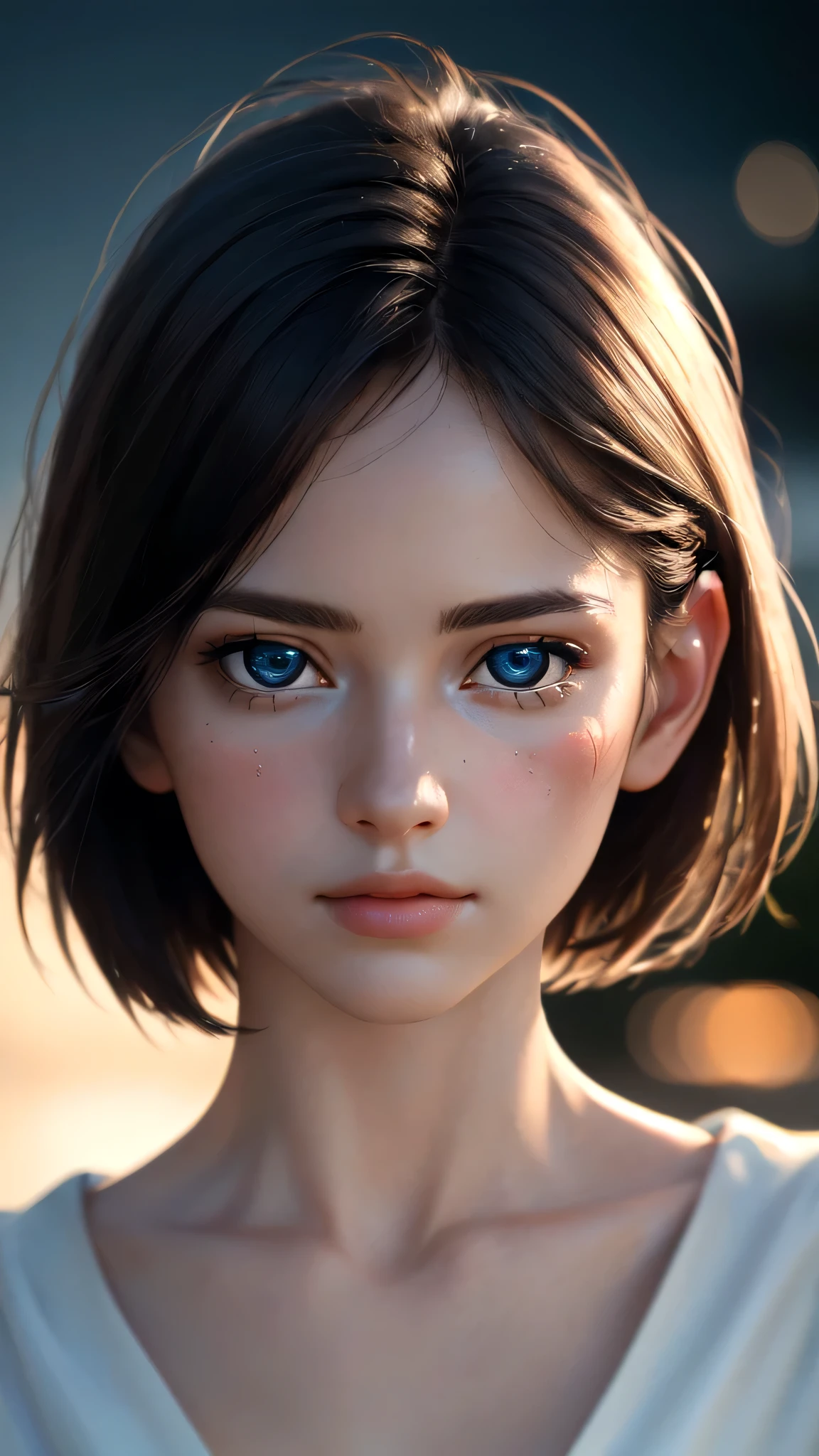 (sfw:1.8),Real、8K、(masterpiece), (Very complicated:1.3), (Realistic), 1 female、Woman portrait、28 years old、round face、Blue Eyes、(Close-up of face:1.3)、Big Eyes、Drooping eyes、 short hair、The most beautiful in the world,, White skin、delicate、 Upper Body, night、Strong lighting on the face, Detailed professional photos of beautiful women, Sharp focus, Cinema Lighting,  rendering ,  ( Blurred Background, Depth of written boundary),((Realistic)), ((Sharp focus)), (Highest Resolution), ((masterpiece)), Professional Cinema Lighting