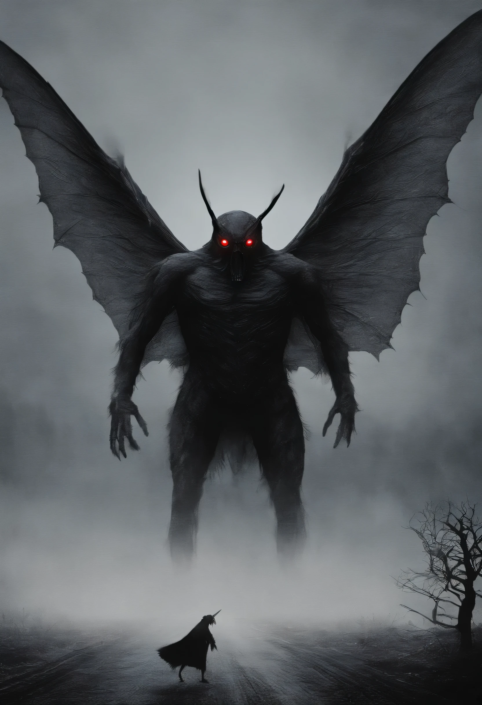 Spooky image of the folklore creature known as the Mothman, red-eyed and glowing, flying overhead in the night