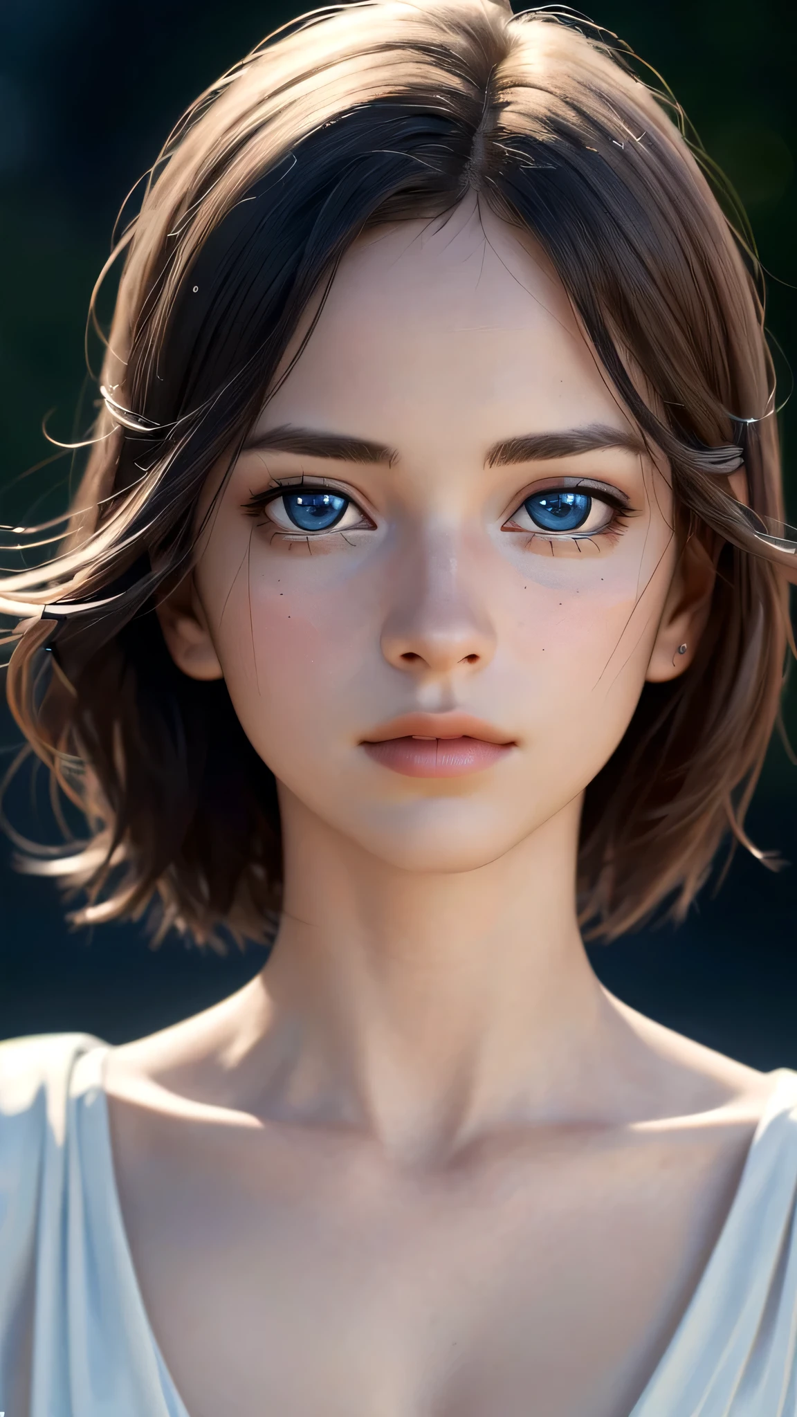 (sfw:1.8),Real、8K、(masterpiece), (Very complicated:1.3), (Realistic), 1 female、Woman portrait、28 years old、round face、Blue Eyes、(Close-up of face:1.3)、Big Eyes、Drooping eyes、 short hair、The most beautiful in the world,, White skin、delicate、 Upper Body, night、Strong lighting on the face, Detailed professional photos of beautiful women, Sharp focus, Cinema Lighting,  rendering ,  ( Blurred Background, Depth of written boundary),((Realistic)), ((Sharp focus)), (Highest Resolution), ((masterpiece)), Professional Cinema Lighting