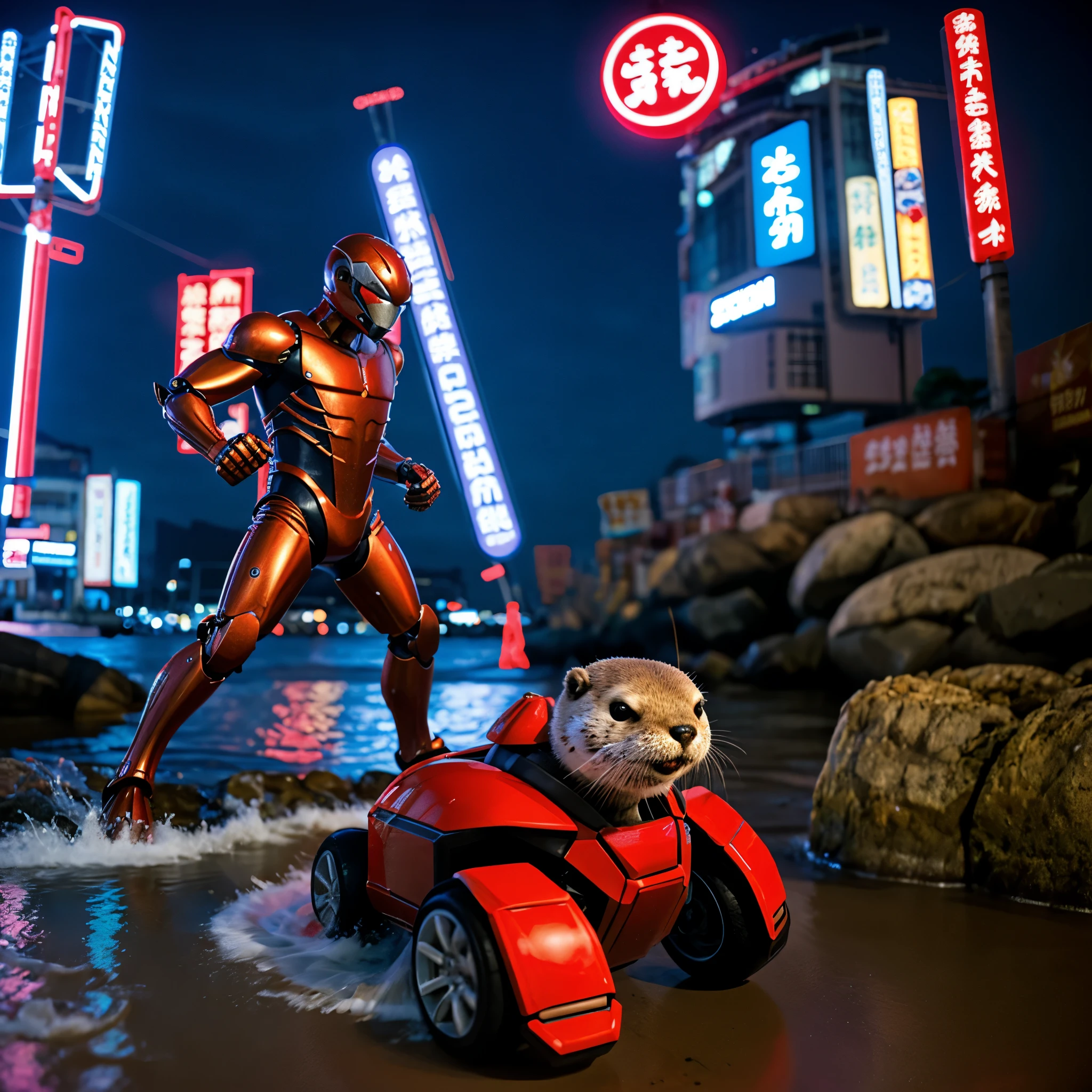 An enormous crab themed robot battles a otter themed UltraMan, Bangkok at night