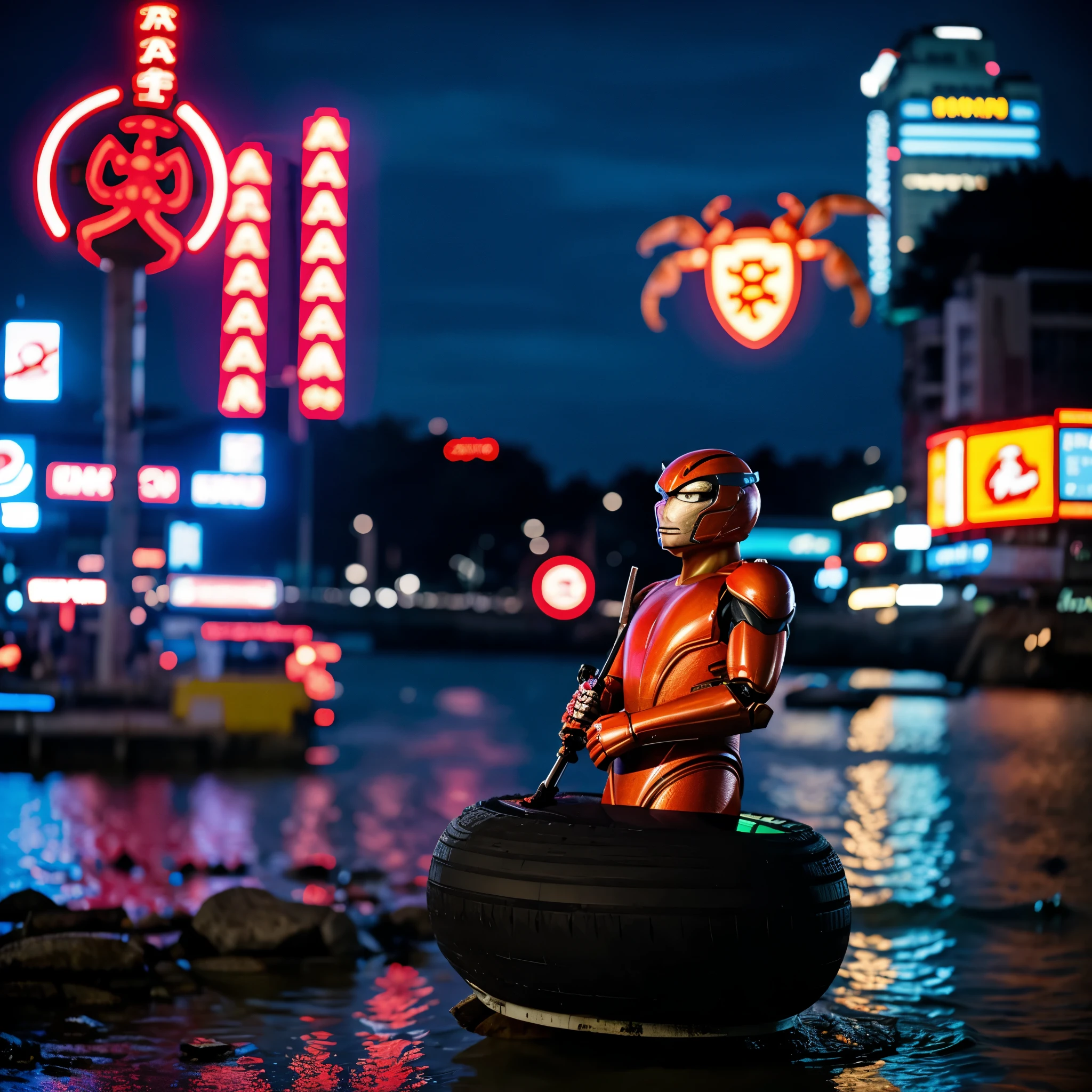 An enormous crab themed robot battles a otter themed UltraMan, Bangkok at night