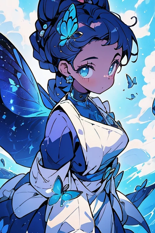 masterpiece, ultra detailed, girl(afrocentric), american next top model, braids & space bun hairstyle, slim thic, blue aesthetics, blue butterflies, koi fish flying in the background, anime, bee and puppycat style

