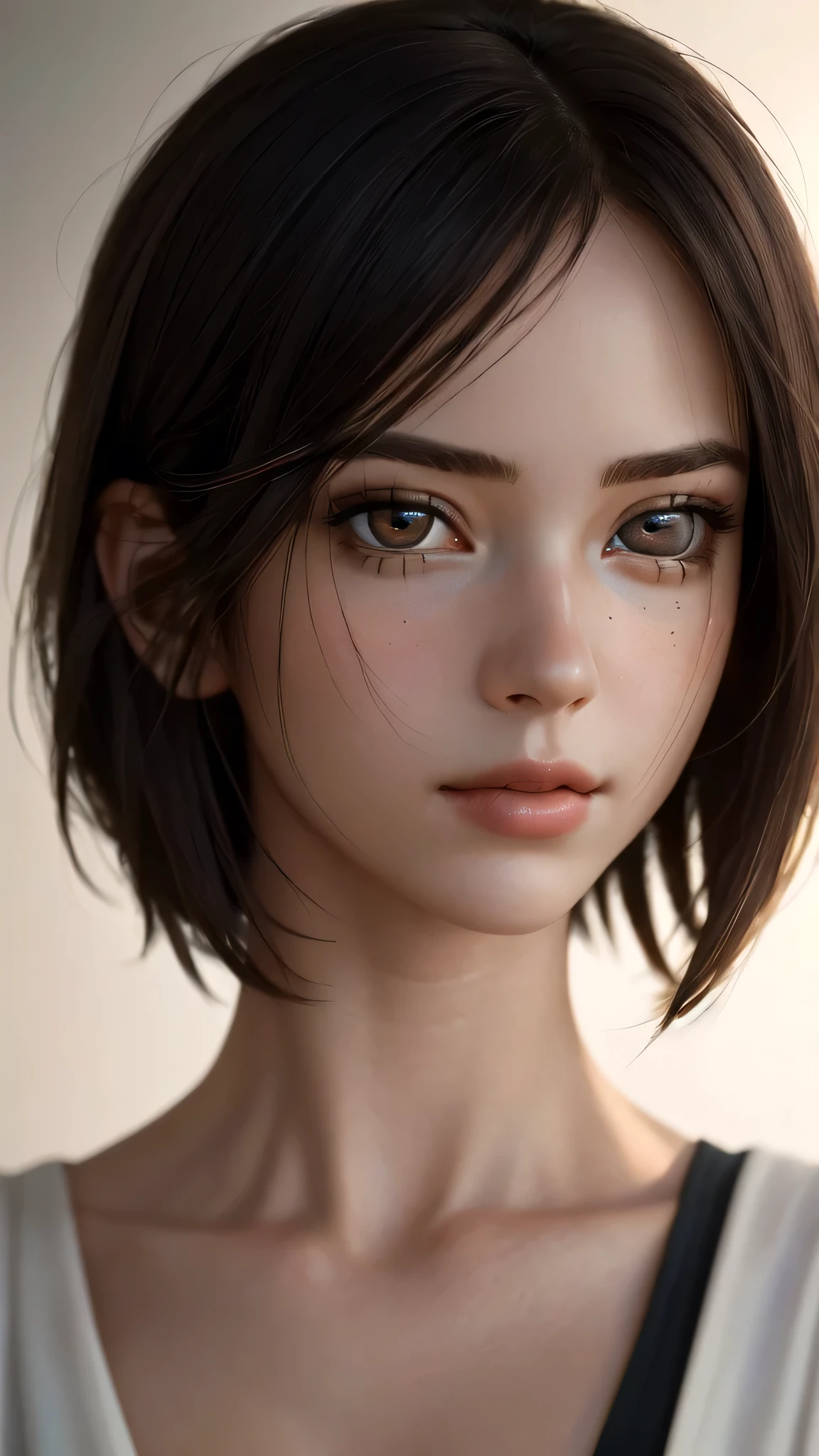 (sfw:1.8),Real、8K、(masterpiece), (Very complicated:1.5), (Realistic), 1 female、Woman portrait、28 years old、round face、Brown Eyes、(Close-up of face:1.3)、Big Eyes、Drooping eyes、 short hair、The most beautiful in the world,, White skin、delicate、 Upper Body, night、Strong lighting on the face, Detailed professional photos of beautiful women, Sharp focus, Cinema Lighting, rendering , ( Blurred Background, Depth of written boundary),((Realistic)), ((Sharp focus)), (Highest Resolution), ((masterpiece)), Professional Cinema Lighting