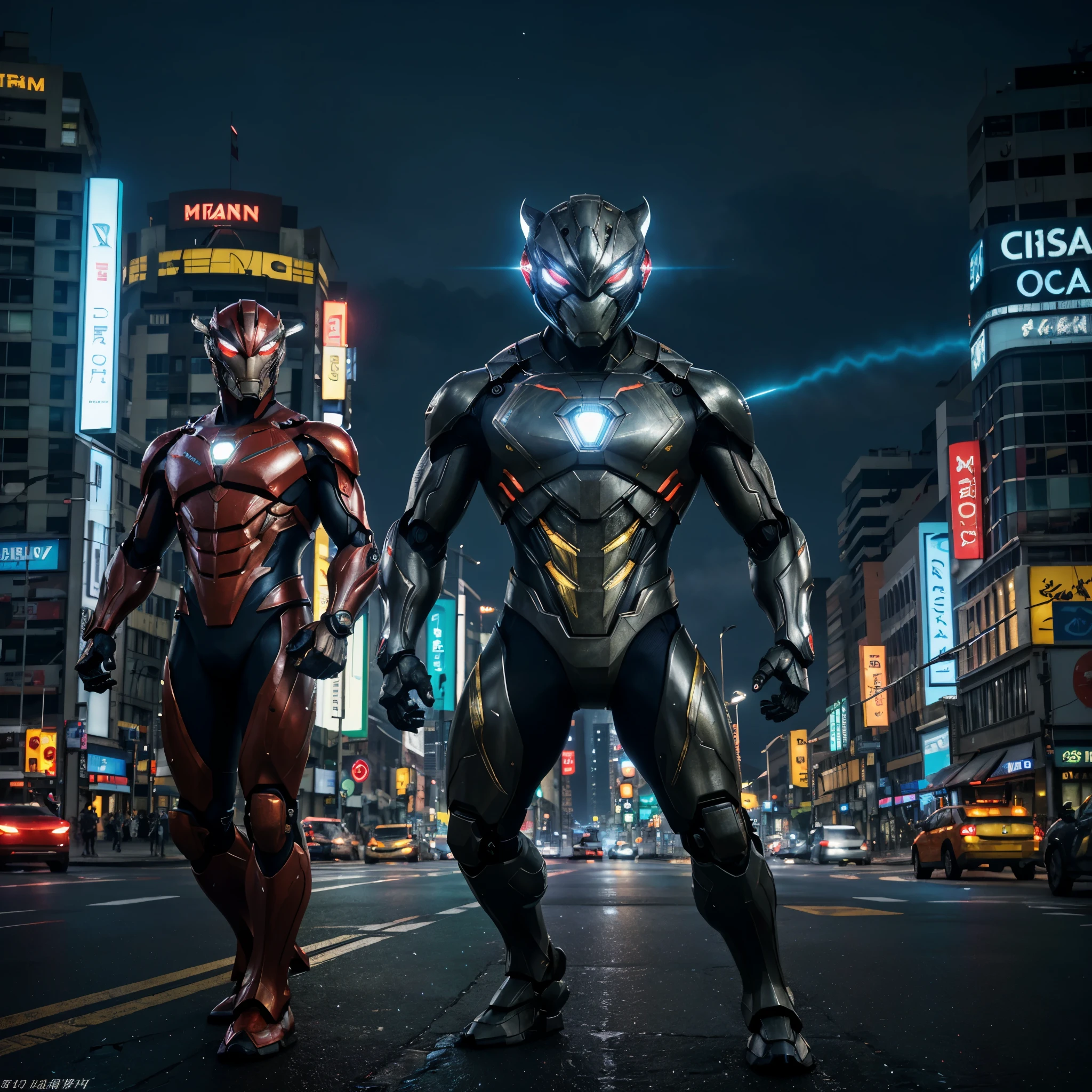 An enormous crab themed robot, otter themed UltraMan, Bangkok at night, illustrious robot armor, vibrant city lights, intricate robot design, powerful weapons, dynamic battle scene, realistic robot movements, dramatic poses, detailed robot textures, reflective surfaces, neon-lit streets, bustling city atmosphere, towering skyscrapers, glowing eyes and chest emblem, smoke and sparks, intense energy beams, massive robot claws, sleek UltraMan costume, agile movements, otter-themed helmet and suit design, heroic stance, energy aura, glowing symbols, spectacular visual effects, epic clash, detailed background scenery, futuristic cityscape, iconic landmarks, vibrant color palette, cinematic lighting, dynamic camera angles, thrilling action, electrifying atmosphere, high-quality visual effects, high-resolution image result, professional artistry, photorealistic style, intense color saturation, dramatic shadows, urban chaos, and stunning artistic composition. (best quality, 4k, highres, realistic:1.2), ultra-detailed, (HDR, UHD, studio lighting, sharp focus), vivid colors, bokeh.