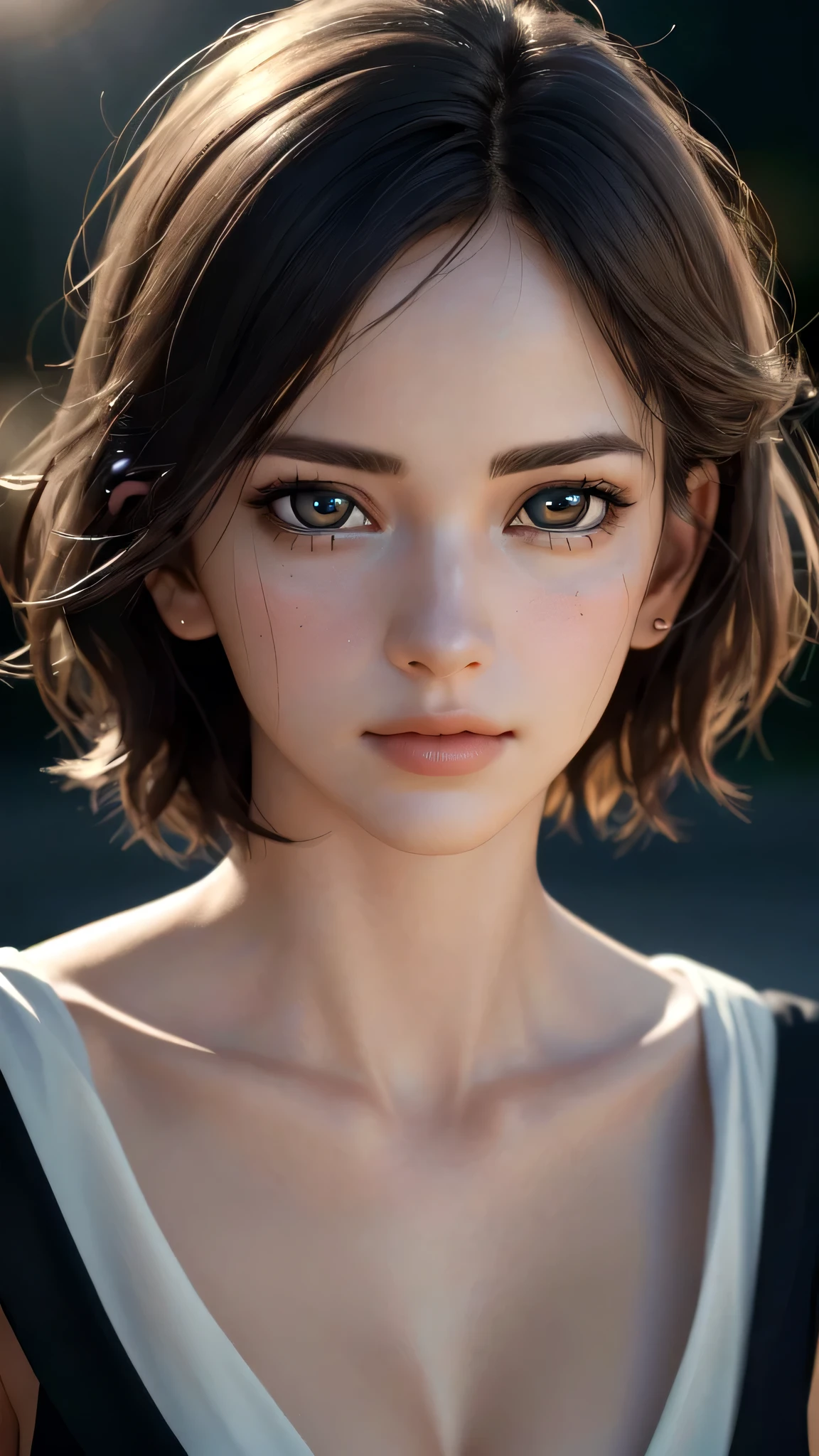 (sfw:1.8),Real、8K、(masterpiece), (Very complicated:1.5), (Realistic), 1 female、Woman portrait、28 years old、round face、Brown Eyes、(Close-up of face:1.3)、Big Eyes、Drooping eyes、 short hair、The most beautiful in the world,, White skin、delicate、 Upper Body, night、Strong lighting on the face, Detailed professional photos of beautiful women, Sharp focus, Cinema Lighting, rendering , ( Blurred Background, Depth of written boundary),((Realistic)), ((Sharp focus)), (Highest Resolution), ((masterpiece)), Professional Cinema Lighting