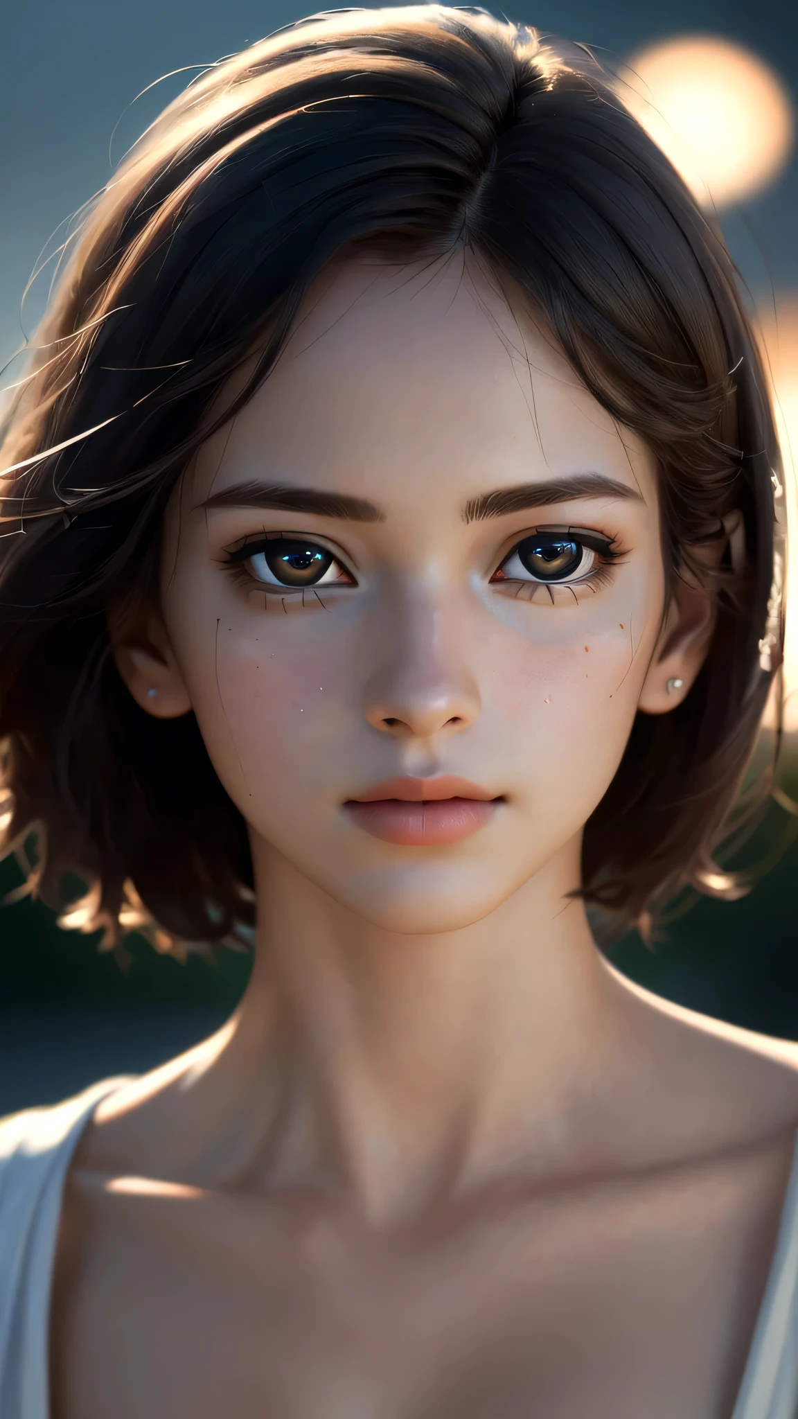(sfw:1.8),Real、8K、(masterpiece), (Very complicated:1.5), (Realistic), 1 female、Woman portrait、28 years old、round face、Brown Eyes、(Close-up of face:1.3)、Big Eyes、Drooping eyes、 short hair、The most beautiful in the world,, White skin、delicate、 Upper Body, night、Strong lighting on the face, Detailed professional photos of beautiful women, Sharp focus, Cinema Lighting, rendering , ( Blurred Background, Depth of written boundary),((Realistic)), ((Sharp focus)), (Highest Resolution), ((masterpiece)), Professional Cinema Lighting