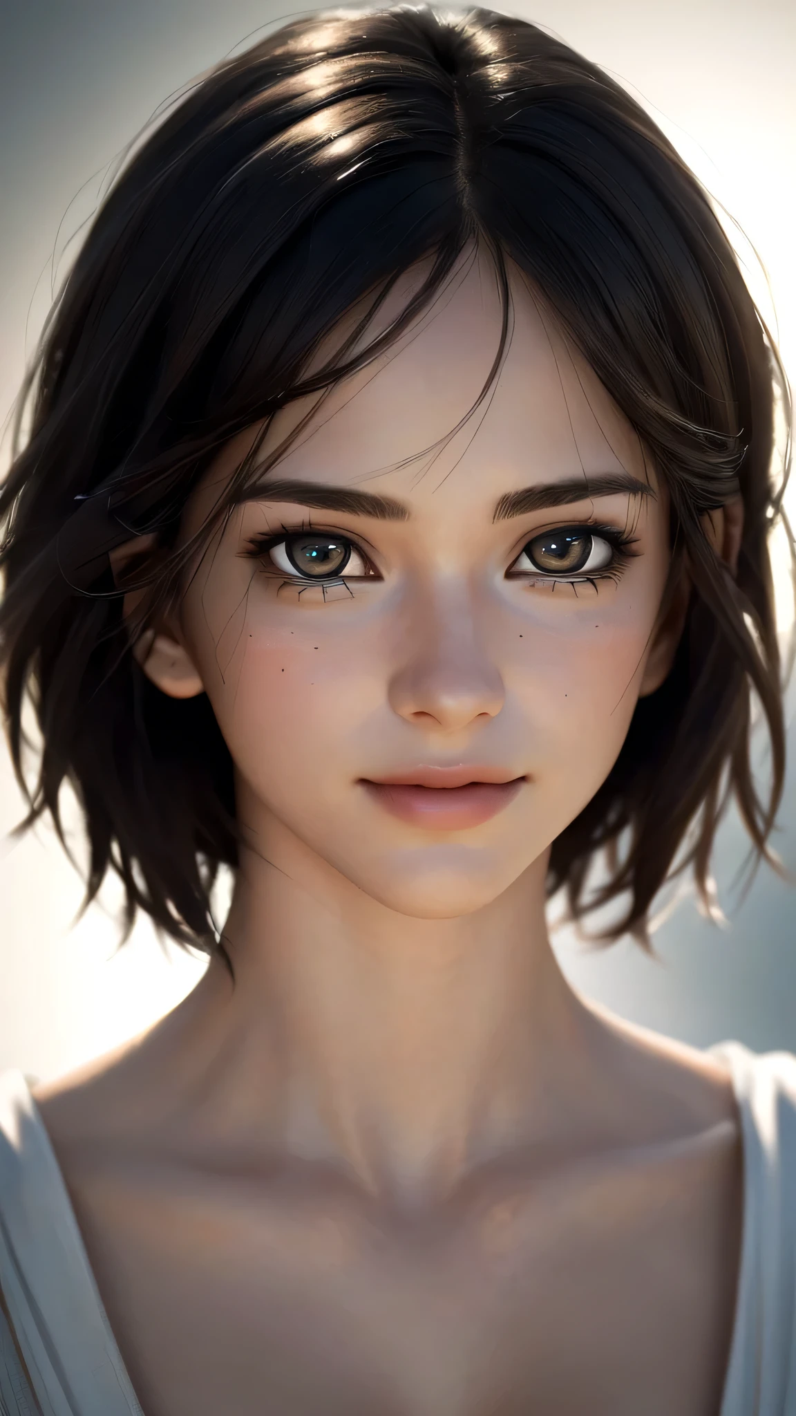 (sfw:1.8),Real、8K、(masterpiece), (Very complicated:1.5), (Realistic), 1 female、Woman portrait、28 years old、round face、Brown Eyes、(Close-up of face:1.3)、Big Eyes、Drooping eyes、 short hair、smile、The most beautiful in the world,, White skin、delicate、 Upper Body, night、Strong lighting on the face, Detailed professional photos of beautiful women, Sharp focus, Cinema Lighting, rendering , ( Blurred Background, Depth of written boundary),((Realistic)), ((Sharp focus)), (Highest Resolution), ((masterpiece)), Professional Cinema Lighting