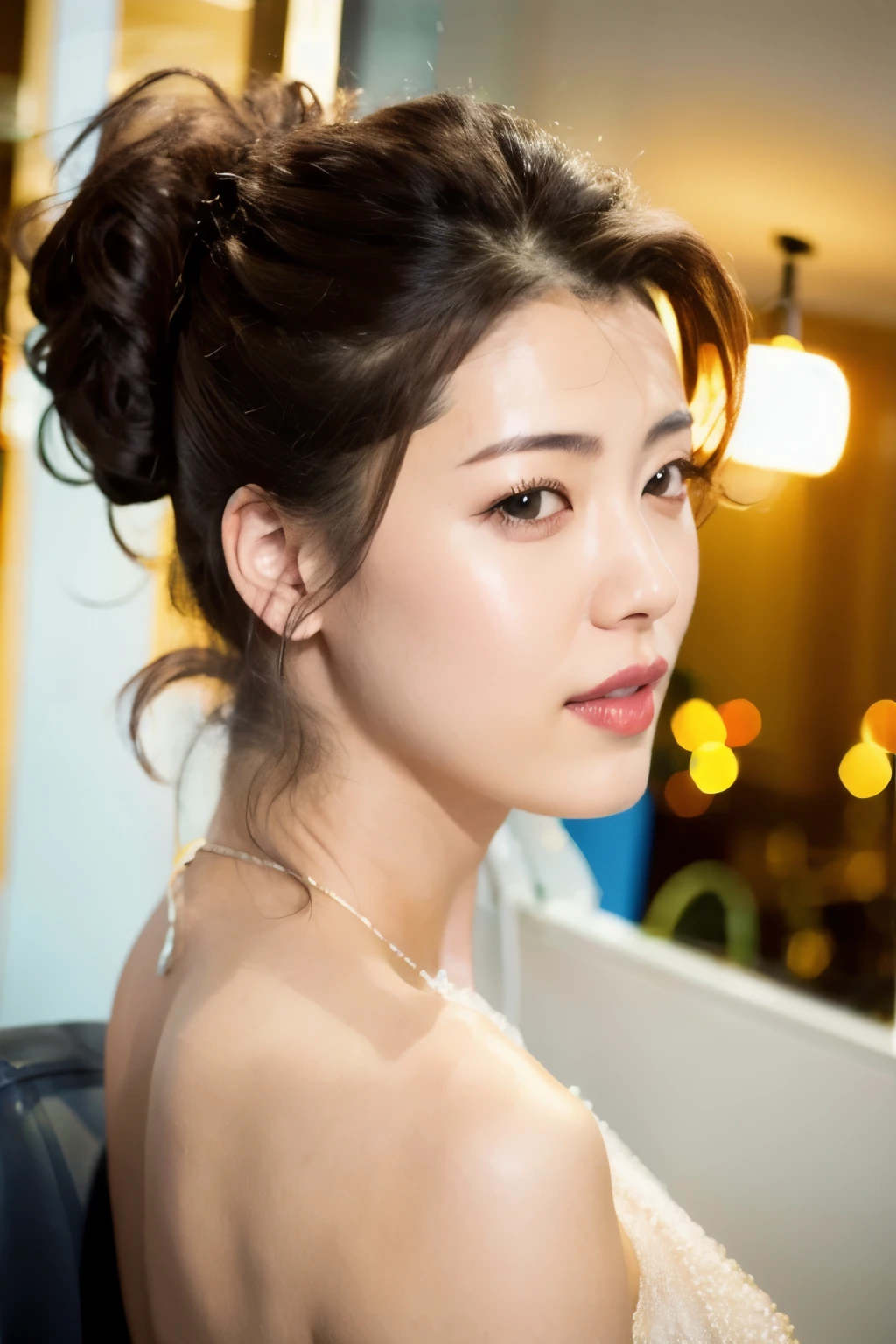 A woman with her hair swept up, lips looking sexy.
