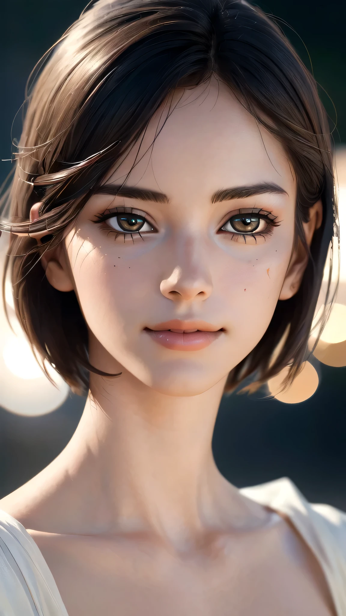 (sfw:1.8),Real、8K、(masterpiece), (Very complicated:1.5), (Realistic), 1 female、Woman portrait、28 years old、round face、Brown Eyes、(Close-up of face:1.3)、Big Eyes、Drooping eyes、 short hair、smile、The most beautiful in the world,, White skin、delicate、 Upper Body, night、Strong lighting on the face, Detailed professional photos of beautiful women, Sharp focus, Cinema Lighting, rendering , ( Blurred Background, Depth of written boundary),((Realistic)), ((Sharp focus)), (Highest Resolution), ((masterpiece)), Professional Cinema Lighting