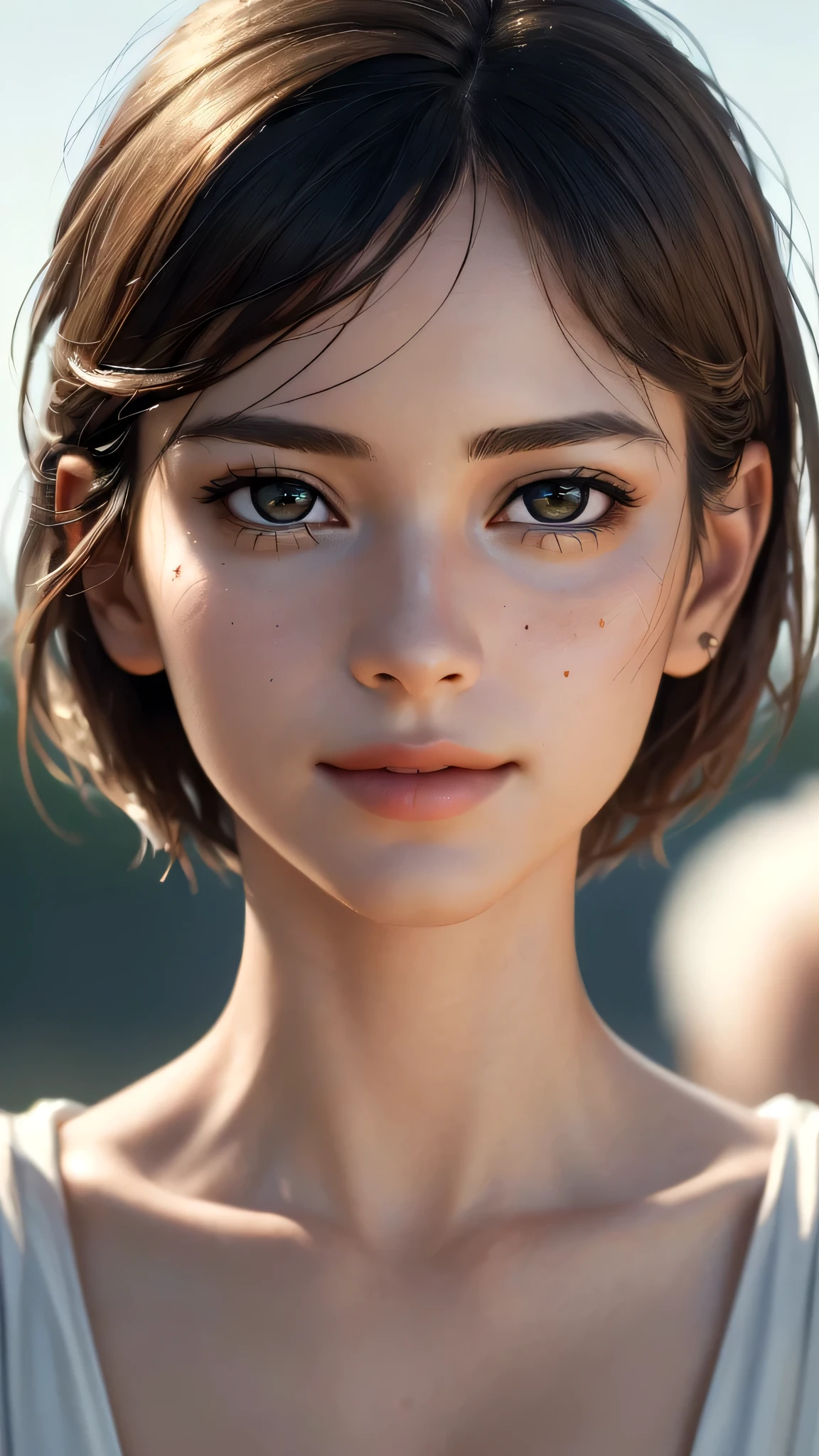 (sfw:1.8),Real、8K、(masterpiece), (Very complicated:1.5), (Realistic), 1 female、Woman portrait、28 years old、round face、Brown Eyes、(Close-up of face:1.3)、Big Eyes、Drooping eyes、 pixie short hair、smile、The most beautiful in the world,, White skin、delicate、 Upper Body, night、Strong lighting on the face, Detailed professional photos of beautiful women, Sharp focus, Cinema Lighting,  rendering ,  ( Blurred Background, Depth of written boundary),((Realistic)), ((Sharp focus)), (Highest Resolution), ((masterpiece)), Professional Cinema Lighting