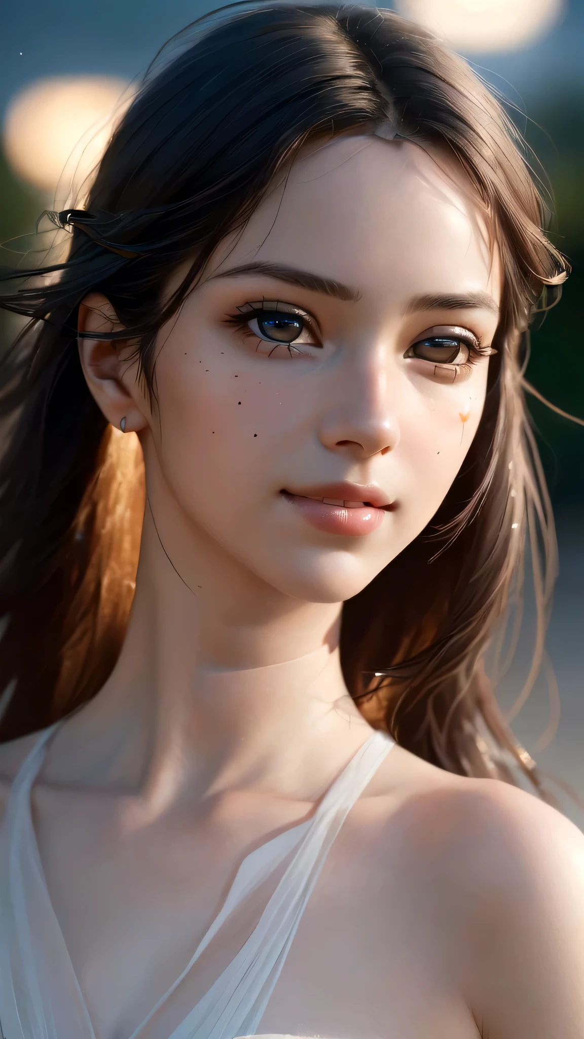 (sfw:1.8),Real、8K、(masterpiece), (Very complicated:1.5), (Realistic), 1 female、Woman portrait、28 years old、round face、Brown Eyes、(Close-up of face:1.3)、Big Eyes、Drooping eyes、 Wolf Hair、smile、The most beautiful in the world,, White skin、delicate、 Upper Body, night、Strong lighting on the face, Detailed professional photos of beautiful women, Sharp focus, Cinema Lighting, rendering , ( Blurred Background, Depth of written boundary),((Realistic)), ((Sharp focus)), (Highest Resolution), ((masterpiece)), Professional Cinema Lighting