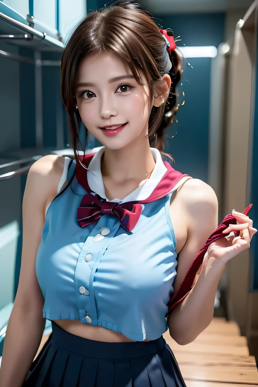 (((locker room))),(((Change clothes in the changing room:1.3))),(((clothes on hangers:1.3))),(((Sailor suit))),(((Pleated skirt revealing skin))),(Dark red bow tie:1.3),Cute face,Extreme close up of face,Shiny light brown and orange striped short hair,Messy ponytail,Cute Smile,Perfect round face,iris,(hairpin、ponytail、Floating Hair、),Large Breasts.Professional Lighting,Cinematic Light,(Tabletop,highest quality,Ultra-high resolution output images,) ,(8K quality,),(Ocean Art 2.0 Mode:1.3),(Picture Mode Ultra HD,)