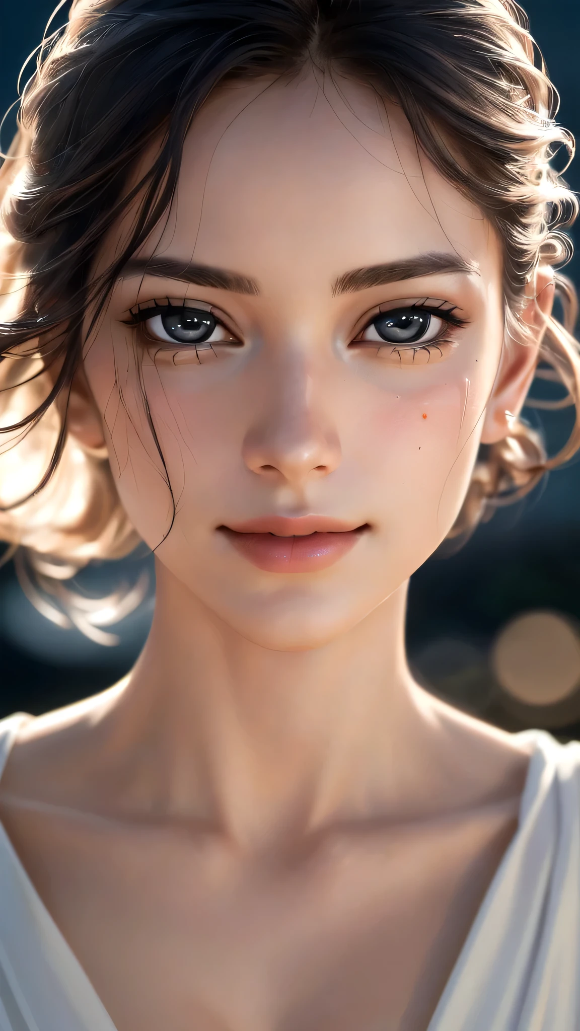 (sfw:1.8),Real、8K、(masterpiece), (Very complicated:1.5), (Realistic), 1 female、Woman portrait、28 years old、round face、Brown Eyes、(Close-up of face:1.3)、Big Eyes、Drooping eyes、 Wolf Hair、smile、The most beautiful in the world,, White skin、delicate、 Upper Body, night、Strong lighting on the face, Detailed professional photos of beautiful women, Sharp focus, Cinema Lighting, rendering , ( Blurred Background, Depth of written boundary),((Realistic)), ((Sharp focus)), (Highest Resolution), ((masterpiece)), Professional Cinema Lighting