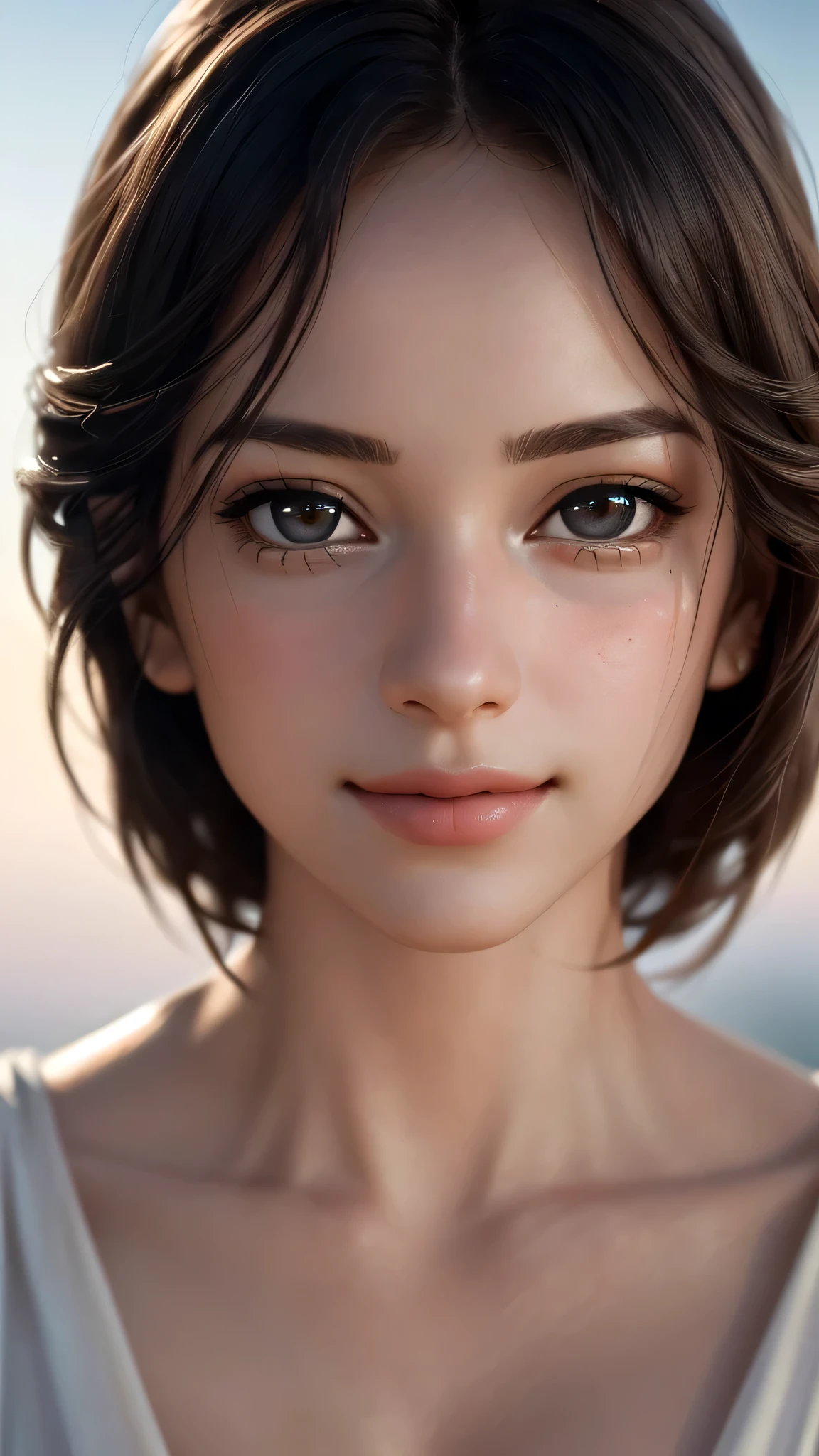 (sfw:1.8),Real、8K、(masterpiece), (Very complicated:1.5), (Realistic), 1 female、Woman portrait、28 years old、round face、Brown Eyes、(Close-up of face:1.3)、Big Eyes、Drooping eyes、 Wolf Hair、smile、The most beautiful in the world,, White skin、delicate、 Upper Body, night、Strong lighting on the face, Detailed professional photos of beautiful women, Sharp focus, Cinema Lighting,  rendering ,  ( Blurred Background, Depth of written boundary),((Realistic)), ((Sharp focus)), (Highest Resolution), ((masterpiece)), Professional Cinema Lighting