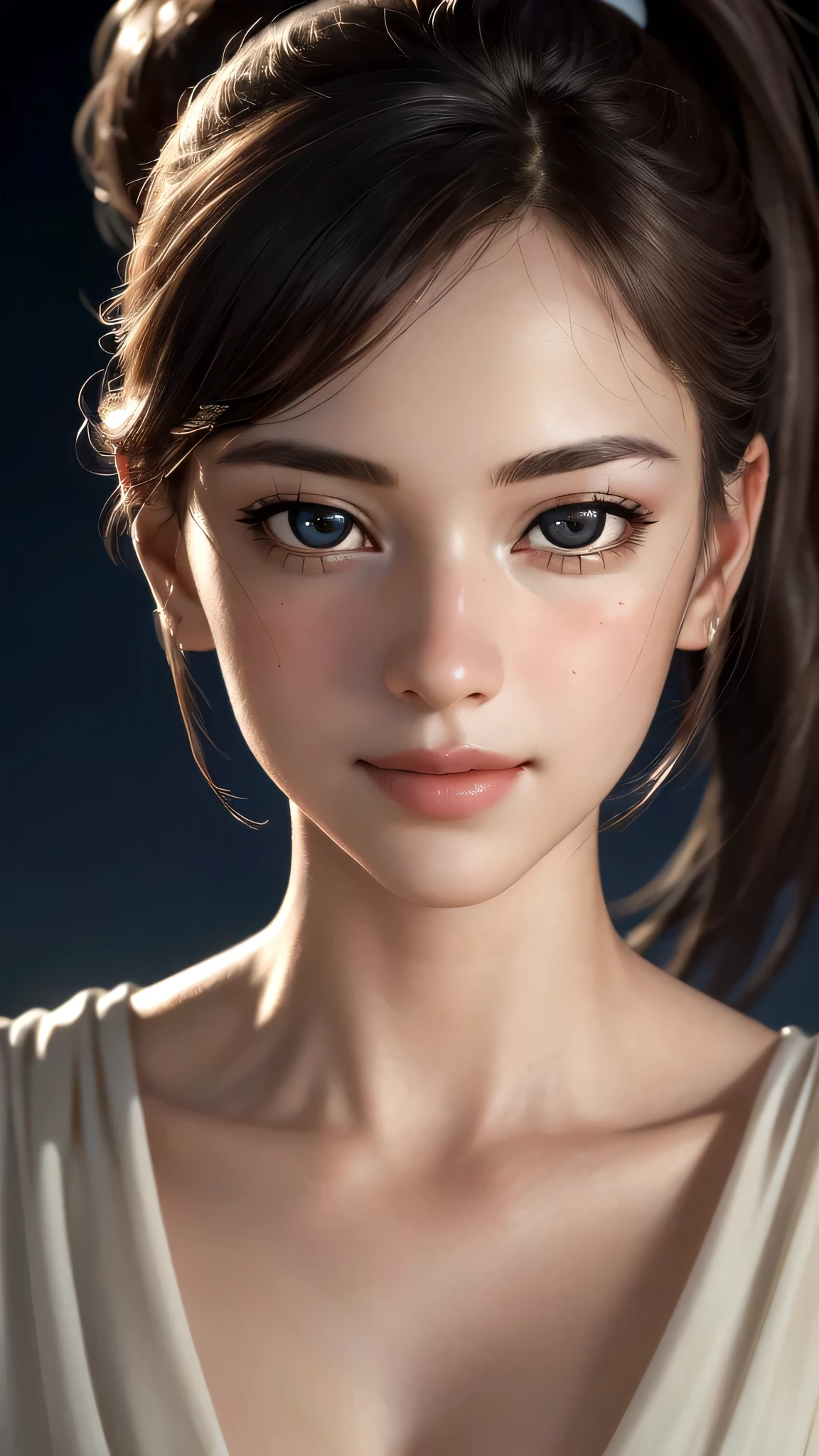 (sfw:1.8),Real、8K、(masterpiece), (Very complicated:1.5), (Realistic), 1 female、Woman portrait、28 years old、round face、Brown Eyes、(Close-up of face:1.3)、Big Eyes、Drooping eyes、 ponytail、smile、The most beautiful in the world,, White skin、delicate、 Upper Body, night、Strong lighting on the face, Detailed professional photos of beautiful women, Sharp focus, Cinema Lighting, rendering , ( Blurred Background, Depth of written boundary),((Realistic)), ((Sharp focus)), (Highest Resolution), ((masterpiece)), Professional Cinema Lighting