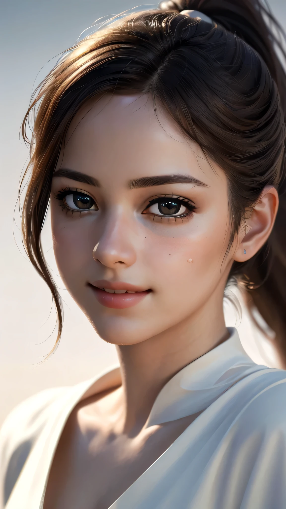 (sfw:1.8),Real、8K、(masterpiece), (Very complicated:1.5), (Realistic), French、1 female、Woman portrait、28 years old、round face、Brown Eyes、(Close-up of face:1.3)、Big Eyes、Drooping eyes、 ponytail、smile、The most beautiful in the world,, White skin、delicate、 Upper Body, night、Strong lighting on the face, Detailed professional photos of beautiful women, Sharp focus, Cinema Lighting,  rendering ,  ( Blurred Background, Depth of written boundary),((Realistic)), ((Sharp focus)), (Highest Resolution), ((masterpiece)), Professional Cinema Lighting
