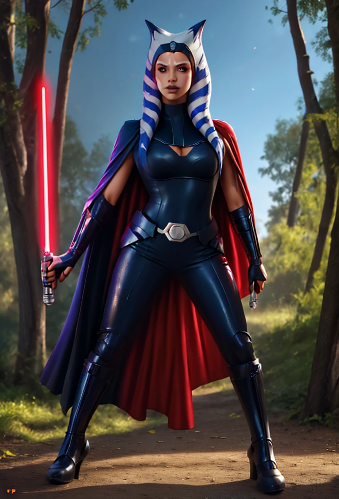 photorealistic, octane render, best quality, sharp focus, 8k, 4k, Masterpiece, Best Quality, realistic skin texture, extremely detailed, intricate, hyper detailed, illustration, soft lighting, high resolution, sharp detail, ahsoka tano, young, dark_ahsoka, sith, full body, evil, red lightsaber with red visor,armor,black gloves,black bodysuit,cape, black pants,looking at viewer, standing, medium shot, hands on hips, outside, park, trees, winter, blue sky, high quality, masterpiece,
