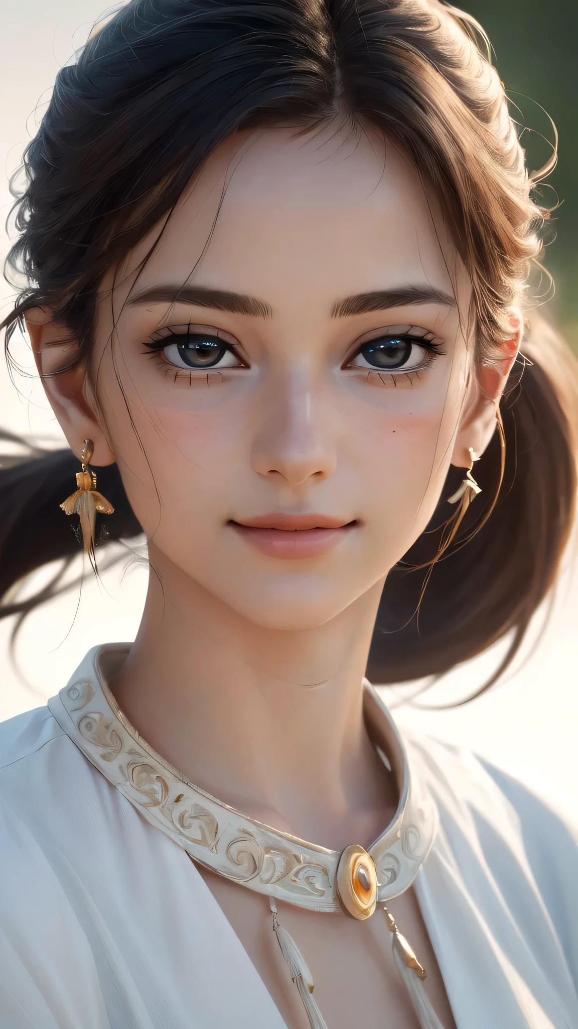 (sfw:1.8),Real、8K、(masterpiece), (Very complicated:1.5), (Realistic), French、1 female、Woman portrait、28 years old、round face、Brown Eyes、(Close-up of face:1.3)、Big Eyes、Drooping eyes、 Plump face、ponytail、smile、The most beautiful in the world,, White skin、delicate、 Upper Body, night、Strong lighting on the face, Detailed professional photos of beautiful women, Sharp focus, Cinema Lighting, rendering , ( Blurred Background, Depth of written boundary),((Realistic)), ((Sharp focus)), (Highest Resolution), ((masterpiece)), Professional Cinema Lighting