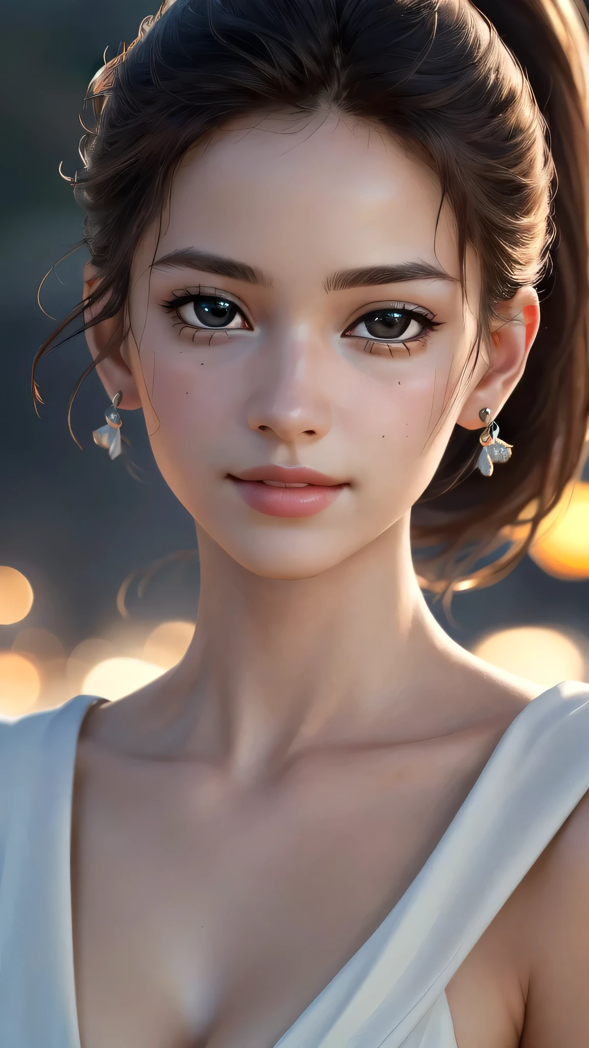 (sfw:1.8),Real、8K、(masterpiece), (Very complicated:1.5), (Realistic), French、1 female、Woman portrait、28 years old、round face、Brown Eyes、(Close-up of face:1.3)、Big Eyes、Drooping eyes、 Plump face、ponytail、smile、The most beautiful in the world,, White skin、delicate、 Upper Body, night、Strong lighting on the face, Detailed professional photos of beautiful women, Sharp focus, Cinema Lighting,  rendering ,  ( Blurred Background, Depth of written boundary),((Realistic)), ((Sharp focus)), (Highest Resolution), ((masterpiece)), Professional Cinema Lighting