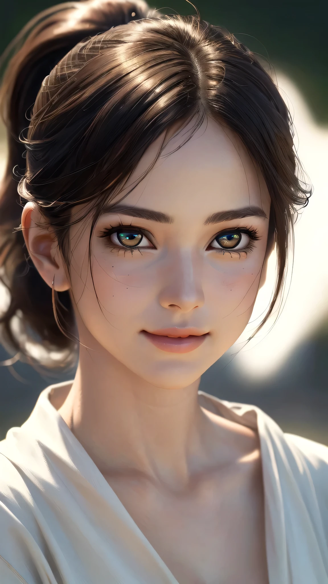 (sfw:1.8),Real、8K、(masterpiece), (Very complicated:1.5), (Realistic), French、1 female、Woman portrait、36 years old、round face、Brown Eyes、(Close-up of face:1.3)、Big Eyes、Drooping eyes、 Plump face、ponytail、smile、The most beautiful in the world,, White skin、delicate、 Upper Body, night、Strong lighting on the face, Detailed professional photos of beautiful women, Sharp focus, Cinema Lighting,  rendering ,  ( Blurred Background, Depth of written boundary),((Realistic)), ((Sharp focus)), (Highest Resolution), ((masterpiece)), Professional Cinema Lighting