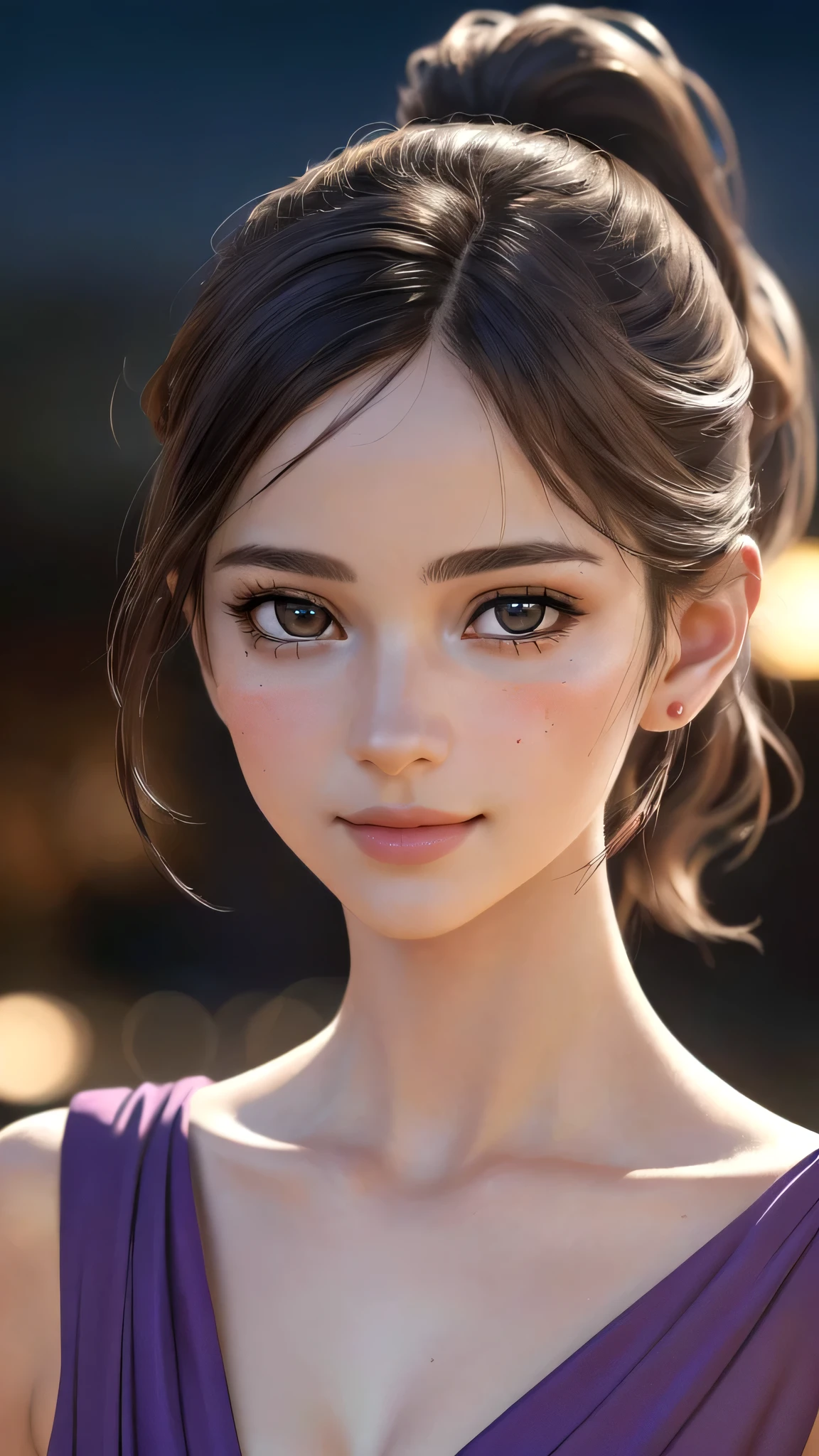 (sfw:1.8),Real、8K、(masterpiece), (Very complicated:1.5), (Realistic), A woman in a purple dress taking a photo,French、1 female、Woman portrait、36 years old、round face、Brown Eyes、(Close-up of face:1.3)、Big Eyes、Drooping eyes、 Plump face、ponytail、smile、The most beautiful in the world,, White skin、delicate、 Upper Body, night、Strong lighting on the face, Detailed professional photos of beautiful women, Sharp focus, Cinema Lighting,  rendering ,  ( Blurred Background, Depth of written boundary),((Realistic)), ((Sharp focus)), (Highest Resolution), ((masterpiece)), Professional Cinema Lighting