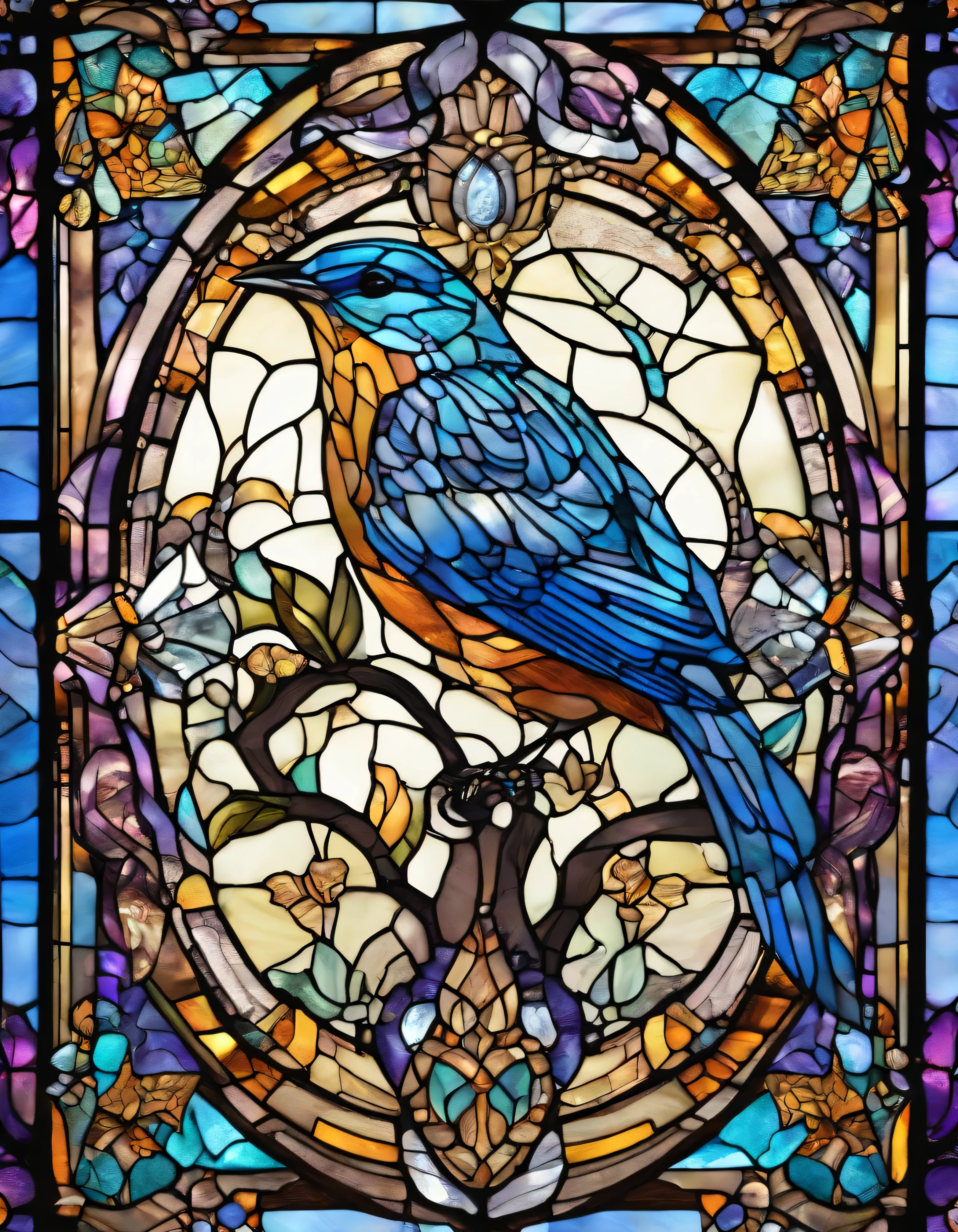 blue bird 、Transparent glass、very elaborate stained glass、Amethyst Crystal, Iridescent Labradorite Crystals、Intricate and highly detailed backgrounds, Fantasy, Craftsmanship, Craftsmanship detailed, Complex