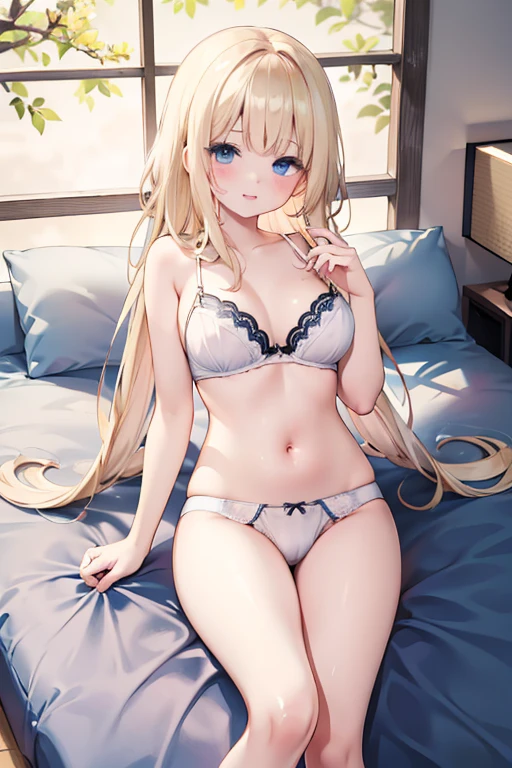 masterpiece, highest quality, High resolution, 10 year old girl、blue eyes、
blonde,  Braiding, White bra、White panties、Japanese-style room、futon、Lie on your back