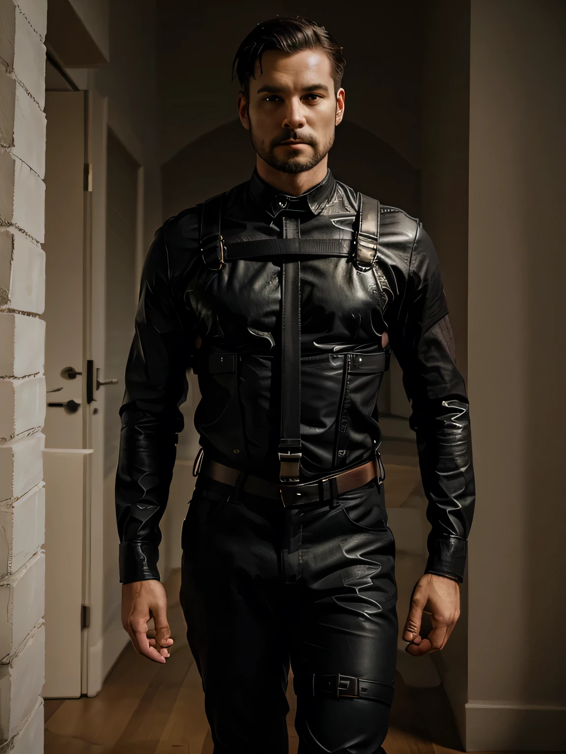 a man in a harness and harness standing, black harness, harness, black leather harness