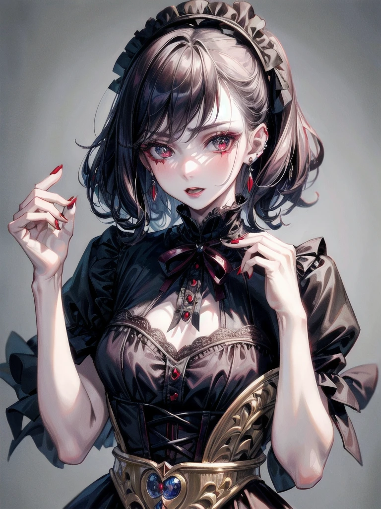 vampire woman, Victorian dress, absurdres, RAW photo, extremely delicate and beautiful, masterpiece, Best Quality, ultra high resolution, 32k, hyperrealistic, ultra-detailed, detailed description, pale skin, 20 years old, tearful mole, earring, short medium hair, wavy hair, full body shot,