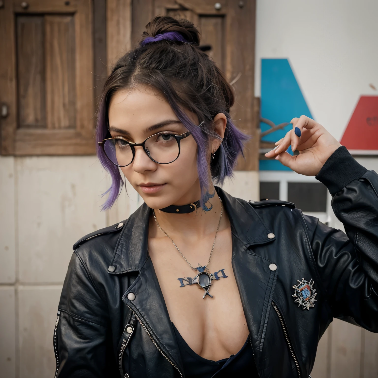 um cara fofo com cabelo roxo e azul, cabelo com mechas, penteado curto, wearing glasses and a leather jacket, tatuagens coloridas, Detailed accessories, ([rabo e orelhas de gato]:1.3), (detalhes intrincados), HDR, (detalhes intrincados, hiperdetalhado:1.2), Cinematic shot, vinheta, centrado