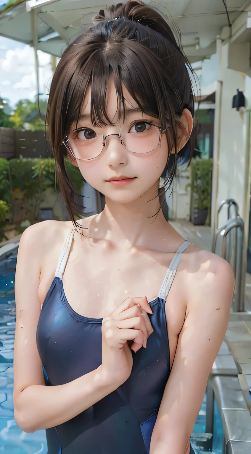 highest quality, RAW Photos, Realistic, face, Incredibly beautiful girl, cute, Long Hair,ponytail，Glasses，Written boundary depth, High resolution, Super detailed, detailed, Very detaileded, extremely detaileded eye and face, Sharp pupils, Realistic students, Sharp focus, Cinema Lighting, Japanese, Short women,  Physical build, Short arms, Long, narrow eyes, Fleeting atmosphere, ************, Brown bob hair, ((thin lips)), White top and bottom underwear, Masterpiece, highest quality, Detailed skin, Detailed face, Fine grain, 8k, Excellent anatomy, Upper body portrait，flat breasts, small breasts, small,( small bust: 1.2), small bust, (slim, small, flat, small), thin, Delicate and sexy collarbone, One Girl, (Beautiful girl, Delicate girl:1.3), (************:1.3),
break, (One piece swimsuit, Swimsuit:1.2),
break, (Pool:1.3),
break, Very beautiful eyes, (Symmetrical eyes:1.3),
break, , Brown eyes, Parted bangs, Brown Hair, (Upper teeth, The best smile:0.2),
break, (Eyes and face detail:1.0),
break, (masterpiece, highest quality, Super detailed, Detailed face, 8k)