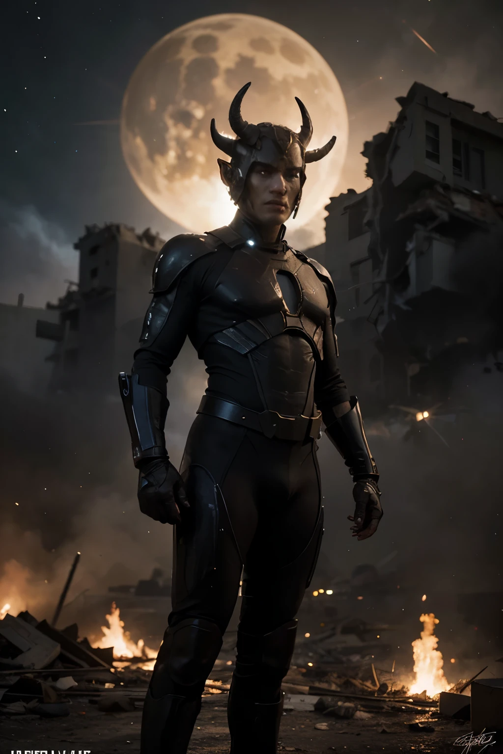 "Draw an interplanetary superhero in battle against invading aliens on a distant planet. The hero faces the disgusting aliens with horns, protecting the innocent amidst destruction and chaos. Apesar das adversidades, He shows courage and determination, inspiring hope in the struggle between good and evil in this epic interplanetary conflict.