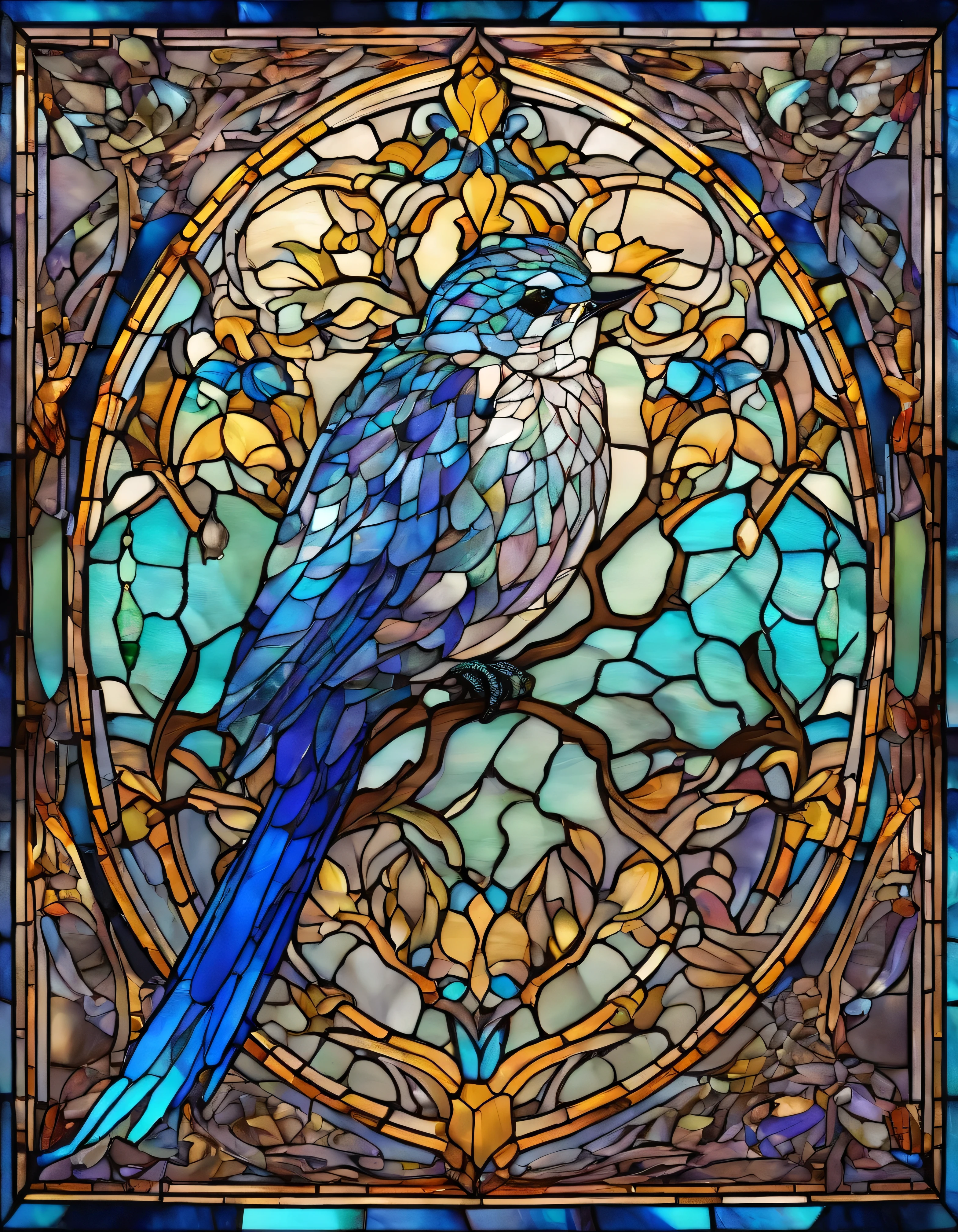 blue bird 、Transparent glass、very elaborate stained glass、Amethyst Crystal, Iridescent Labradorite Crystals、Intricate and highly detailed backgrounds, Fantasy, Craftsmanship, Craftsmanship detailed, Complex