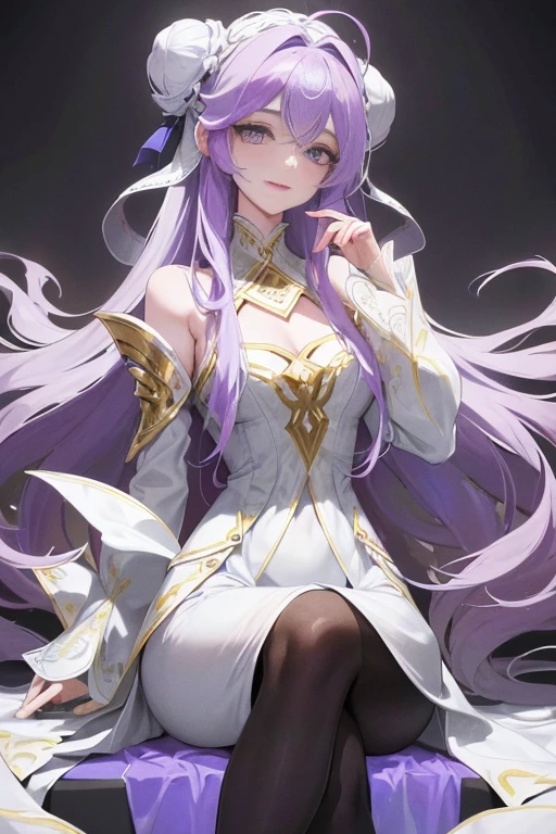 With a cryptic girl as the central character, the design features a captivating visual spectacle of a long-haired figure, showcasing a mesmerizing gradient of purple and white. The indifference visible on her face is contrasted by the kindness hidden within her eyes. Her hair cascades down in intricate waves, creating an aura of mystery and allure. The subtle details in the design are emphasized by a minimalist style, with a white lotus background subtly lighting up the figure. The girl is adorned in a dress, with a white cloth bun on her head and black pantyhose accentuating her long legs. Her smile, though rare, is warm and