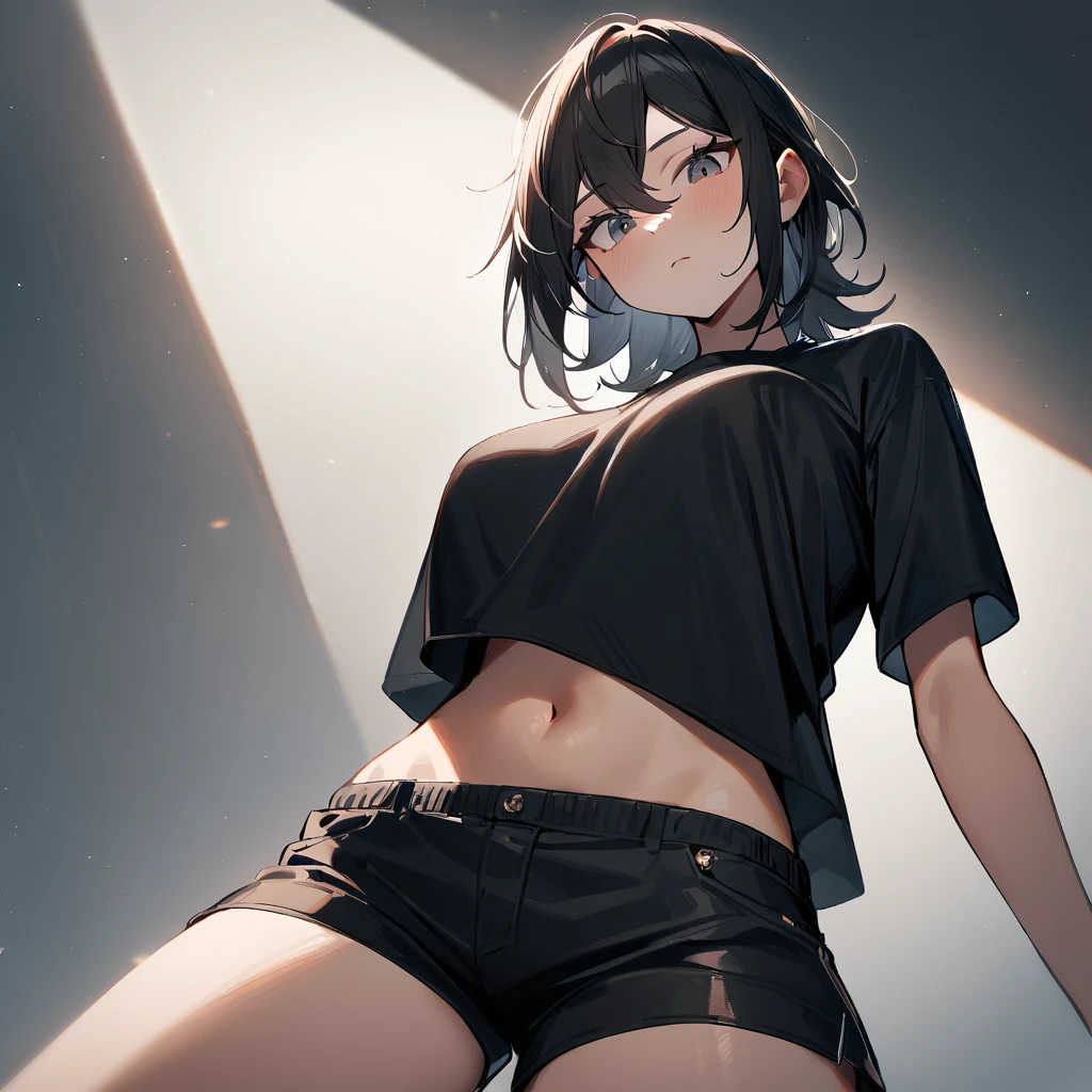 1 girl,Androgynous,Solo,medium hair,blackshirt,big breast,shirt overhang,navel,cowboy shot,looking at viewer,shortshorts,dark colored,best quality, very aesthetic, absurdres,Look Down,cool,From below,peek,underboob,pov