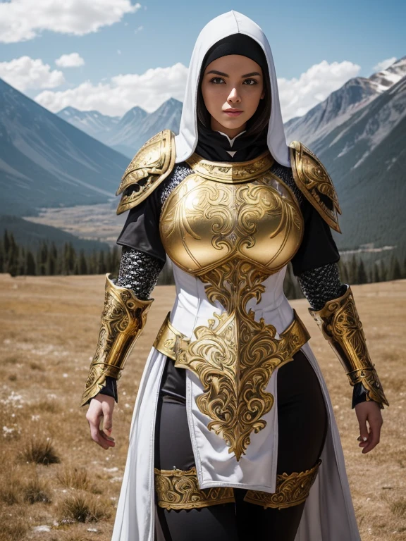 (masterpiece, top quality, best quality, official art, beautiful and aesthetic:1.2), (1girl:1.3), light freckles, fair skin, extremely detailed, portrait, looking at viewer, solo, (full body:0.6), detailed background, close up, (warm grasslands theme:1.1), holy paladin knight, charlatan, smirk, mysterious, swaying in mountains, modest attire, ((((ornate white and gold metal plate armor)))), cowl, nun hood, wimple, boob armor, cowl, robe, chain mail, chainmail, leggings, chainmail leggings, chain mail leggings, (armored breastplate), tabard, gorget, hood, pauldrons, greaves, armored, long boots, longsword, shield, cape, cloak, pearlescent metal, white fabric, pale leather, ((((gigantic breasts)))), slim waist, slim hips, long legs, medieval (mountain exterior:1.1) background, dark mysterious lighting, shadows, magical atmosphere, dutch angle,