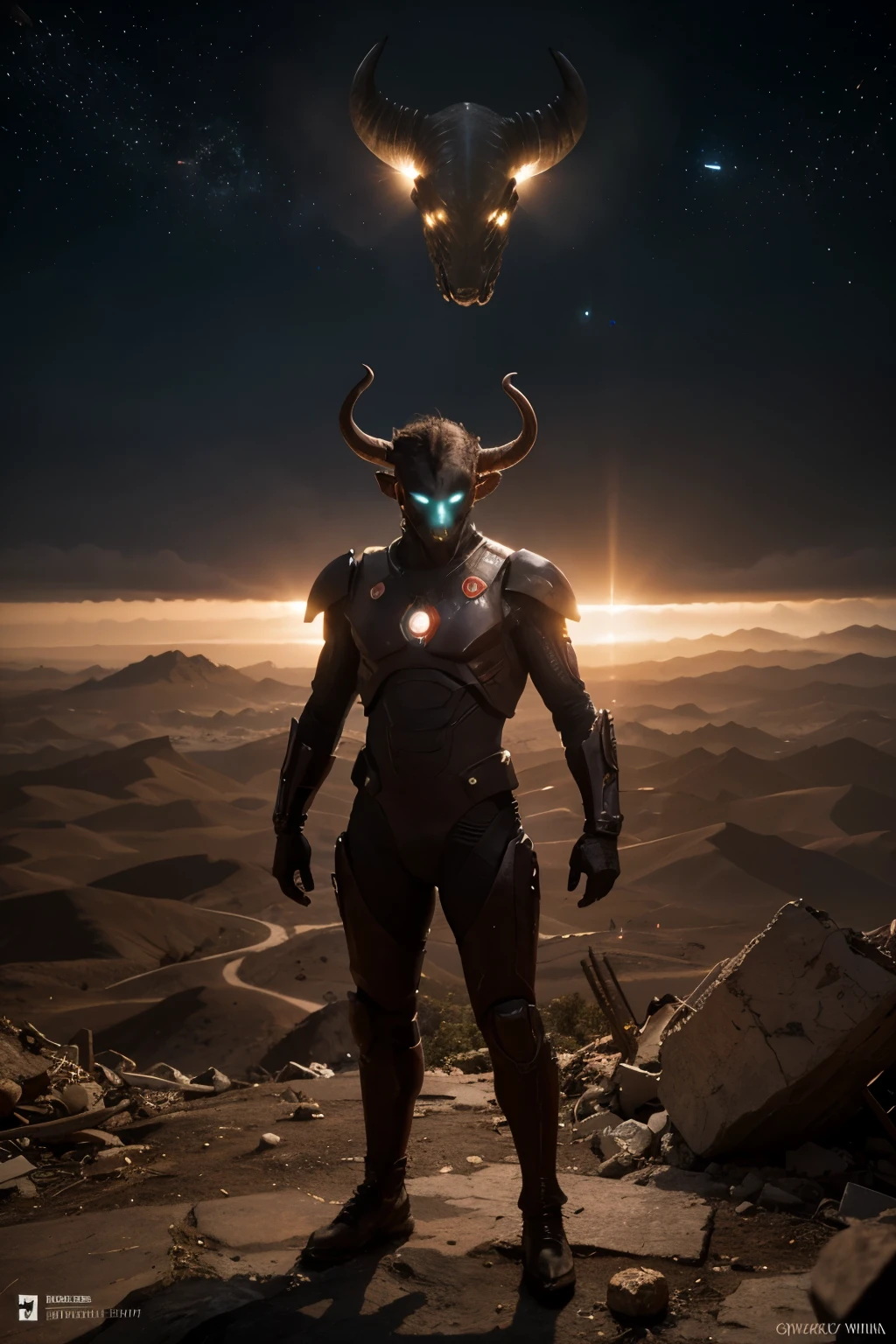 "Draw an interplanetary superhero battling alien invaders on a distant planet. The hero faces the disgusting horned aliens, protecting the innocents amidst destruction and chaos. Despite the adversities, he shows courage and determination, inspiring hope in the struggle between good and evil in this epic interplanetary conflict."
