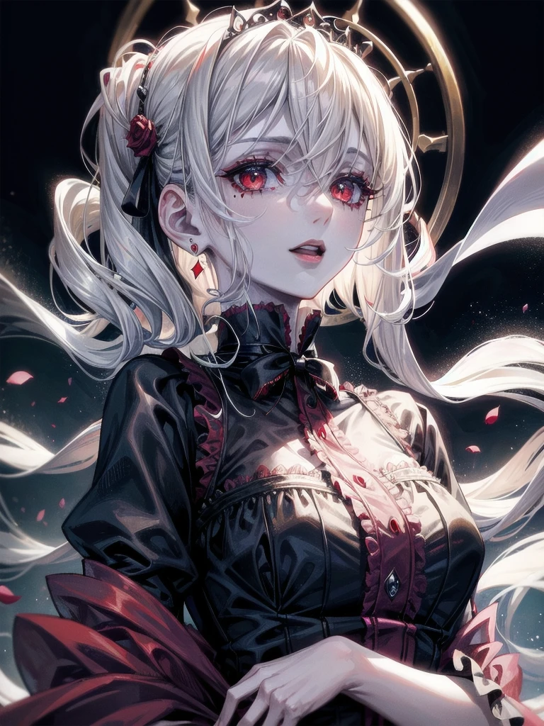 vampire woman, Victorian dress, absurdres, RAW photo, extremely delicate and beautiful, masterpiece, Best Quality, ultra high resolution, 32k, hyperrealistic, ultra-detailed, detailed description, pale skin, 20 years old, tearful mole, earring, big breasts, short medium hair, wavy hair, full body shot,