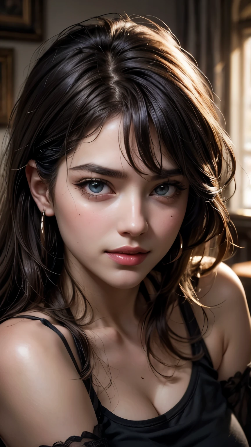 (highest quality、table top、8k、best image quality、Award-winning work)、(one young girl, 14 years old:1.3)、no sleeve, (red eyeshadow:1.2)、perfect makeup、long eyelashes、Super high-definition sparkling eyes、ultra high definition hair、ultra high resolution glossy lips、Super high resolution perfect teeth、Super high resolution cute face、brown hair、(very short straight hair:1.1)、look at me and smile、[clavicle]、accurate anatomy、(close up of face:1.5)、Luxury love hotel、(The most moody warm lighting:1.2)、blurred background、With bangs、Super high-resolution glossy and moisturized face、Super high resolutio n glowing skin、most detailed face、Ultra high resolution detailed faces、ultra high resolution hair、Fashion model 25 years old [[[[close-up]]], [[[[chest]]]], [[[[neck]]], [shoulders]]]]], Perfect eyes, Perfect iris, Perfect lips, Perfect teeth, Perfect skin, Soft front light, Glow, HDR, (Soft color: 1.2), Best quality, masterpiece, ultra high res, (photorealistic:1.37), raw photo, 1girl, long hair, beautifull eyes, beautifull face, detailed eyes and face, t-shirt, dynamic lighting, in the dark, table top, highest quality, realistic, Super detailed, finely, High resolution, 8k wallpaper, 1 beautiful woman, light brown messy hair, Realistic, High Resolution, [[[ Only one girl ]]]], Wavy black hair, Blue eyes, Stylish tank top, Upper body, Big breasts, Cleavage, Sitting on chair, Pose random, 8K, Very detailed, High Resolution, Facing camera ( One woman), One woman, (Very realistic, High Resolution), ( Very Detailed Eyes, Very Detailed Hair, Very Detailed Face, Very Detailed Plump Lips), (Breast Open Off Shoulder), Breasts, Upper Body, Affectionate Smile, Golden Hair, (Top Quality: 1. 4), Raw Photo, (Realistic, Photorealistic: 1.37), nsfw,Highest Quality, Highest image quality, RAW Photos, Realistic, Photorealsitic, ultra detailed and beautiful, highest details, 1young girls, good-looking, Beautiful fair skin and luster, Beautiful eyes are big and bright, Small mouth and thin lips,