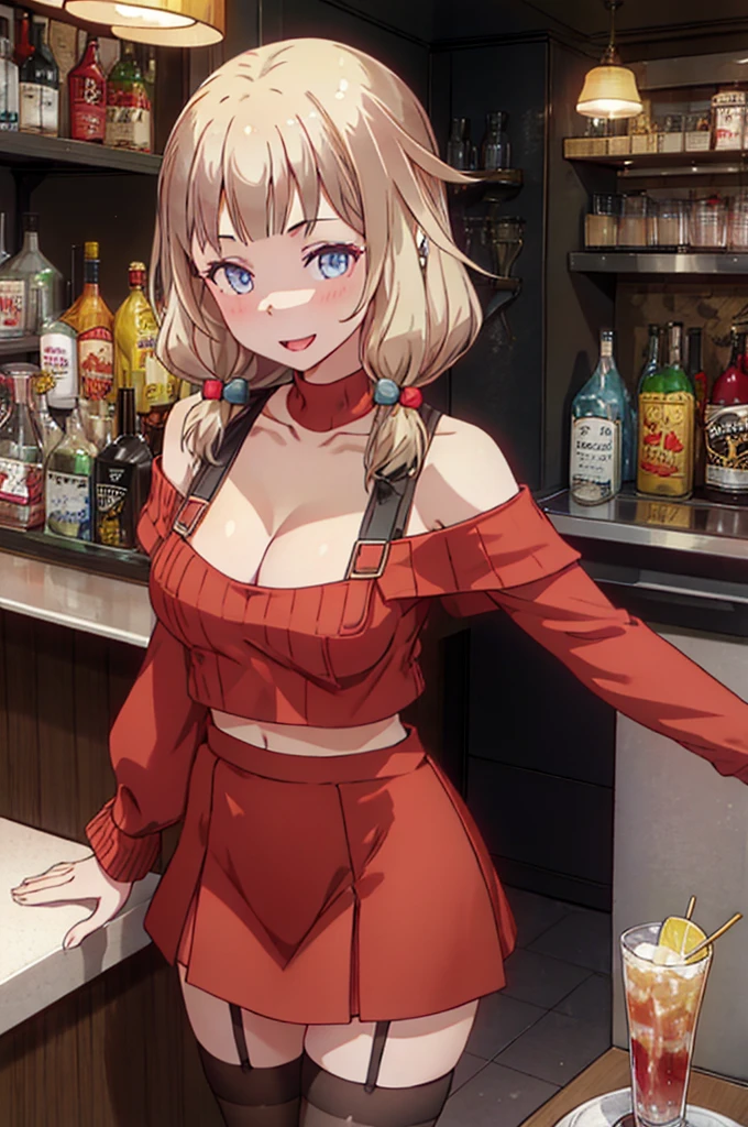 (from above:1.2),(from side:0.9), ((Face)), (Close-Up:0.4), masterpiece,"A 26-year-old girl stands at a bar counter. She is dressed in a stylish off-shoulder dress, sweater dress, off-shoulder sweater, red sweater,garter stocking, midriff, red skirts, black thighhighs, thigh strap, pretty girl, (highly detailed beautiful face and eyes,firm breasts),real skin,((black,hair,long pony tail hair)),thin pubic hair,cute and lovely pose, detailed eyes, This masterpiece is only visually stunning but also tells,(double breasted:0.6,under bust:0.6,cleavage:1.1,),(small breasts:1.2),(perky chest:1.1), (pointed chest:1.3), medium hips, glamorous body,(with sparkling eyes and a contagious smile),open mouth. The bar is beautiful, with colorful bottles of alcohol in the background and a soft glow from neon lights. The atmosphere is relaxed, and the girl looks confident and fashionable.",full body, sexy pose,make a cocktail , in a bar counter, Looking at Viewer, 