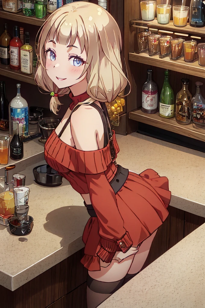 (from above:1.2),(from side:0.9), ((Face)), (Close-Up:0.4), masterpiece,"A 26-year-old girl stands at a bar counter. She is dressed in a stylish off-shoulder dress, sweater dress, off-shoulder sweater, red sweater,garter stocking, midriff, red skirts, black thighhighs, thigh strap, pretty girl, (highly detailed beautiful face and eyes,firm breasts),real skin,((black,hair,long pony tail hair)),thin pubic hair,cute and lovely pose, detailed eyes, This masterpiece is only visually stunning but also tells,(double breasted:0.6,under bust:0.6,cleavage:1.1,),(small breasts:1.2),(perky chest:1.1), (pointed chest:1.3), medium hips, glamorous body,(with sparkling eyes and a contagious smile),open mouth. The bar is beautiful, with colorful bottles of alcohol in the background and a soft glow from neon lights. The atmosphere is relaxed, and the girl looks confident and fashionable.",full body, sexy pose,make a cocktail , in a bar counter, Looking at Viewer, 