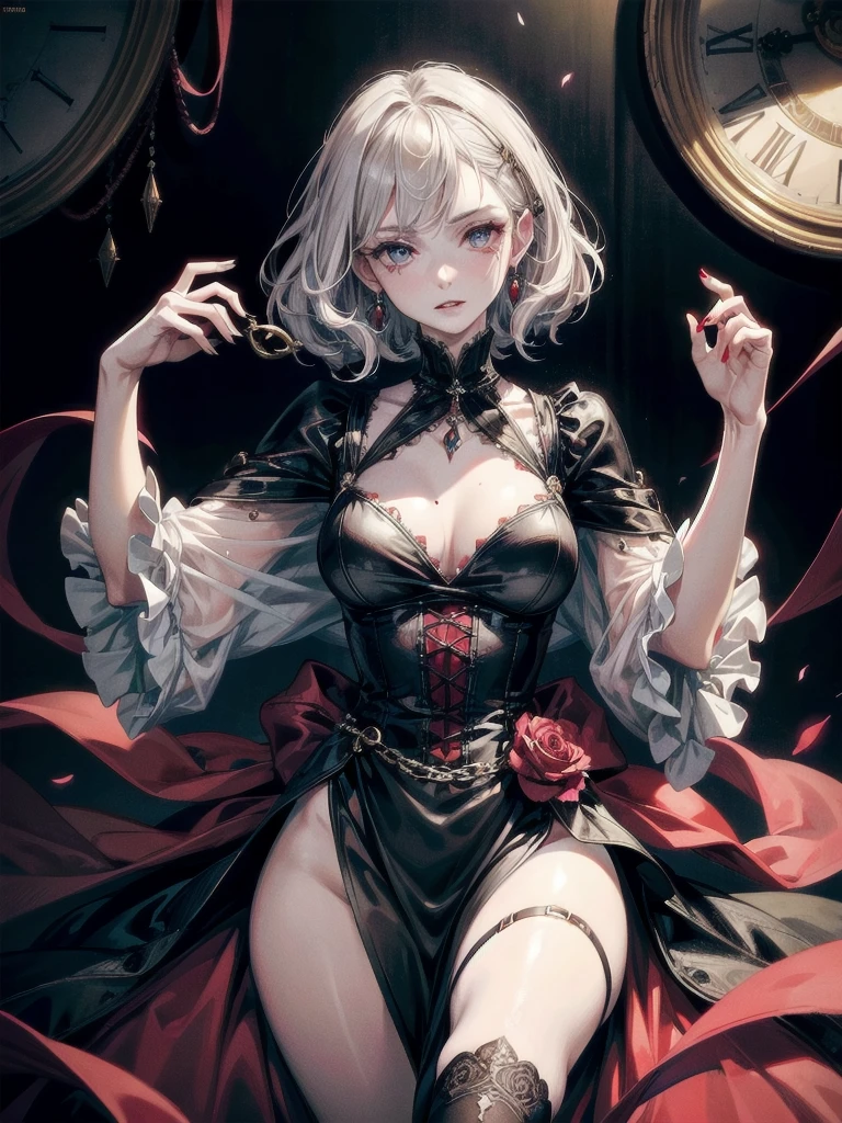 vampire woman, Victorian dress, absurdres, RAW photo, extremely delicate and beautiful, masterpiece, Best Quality, ultra high resolution, 32k, hyperrealistic, ultra-detailed, detailed description, pale skin, 20 years old, tearful mole, earring, big breasts, short medium hair, wavy hair, full body shot,