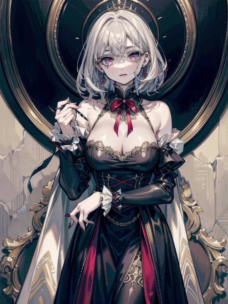 vampire woman, Victorian dress, absurdres, RAW photo, extremely delicate and beautiful, masterpiece, Best Quality, ultra high resolution, 32k, hyperrealistic, ultra-detailed, detailed description, pale skin, 20 years old, tearful mole, earring, big breasts, short medium hair, wavy hair, full body shot,