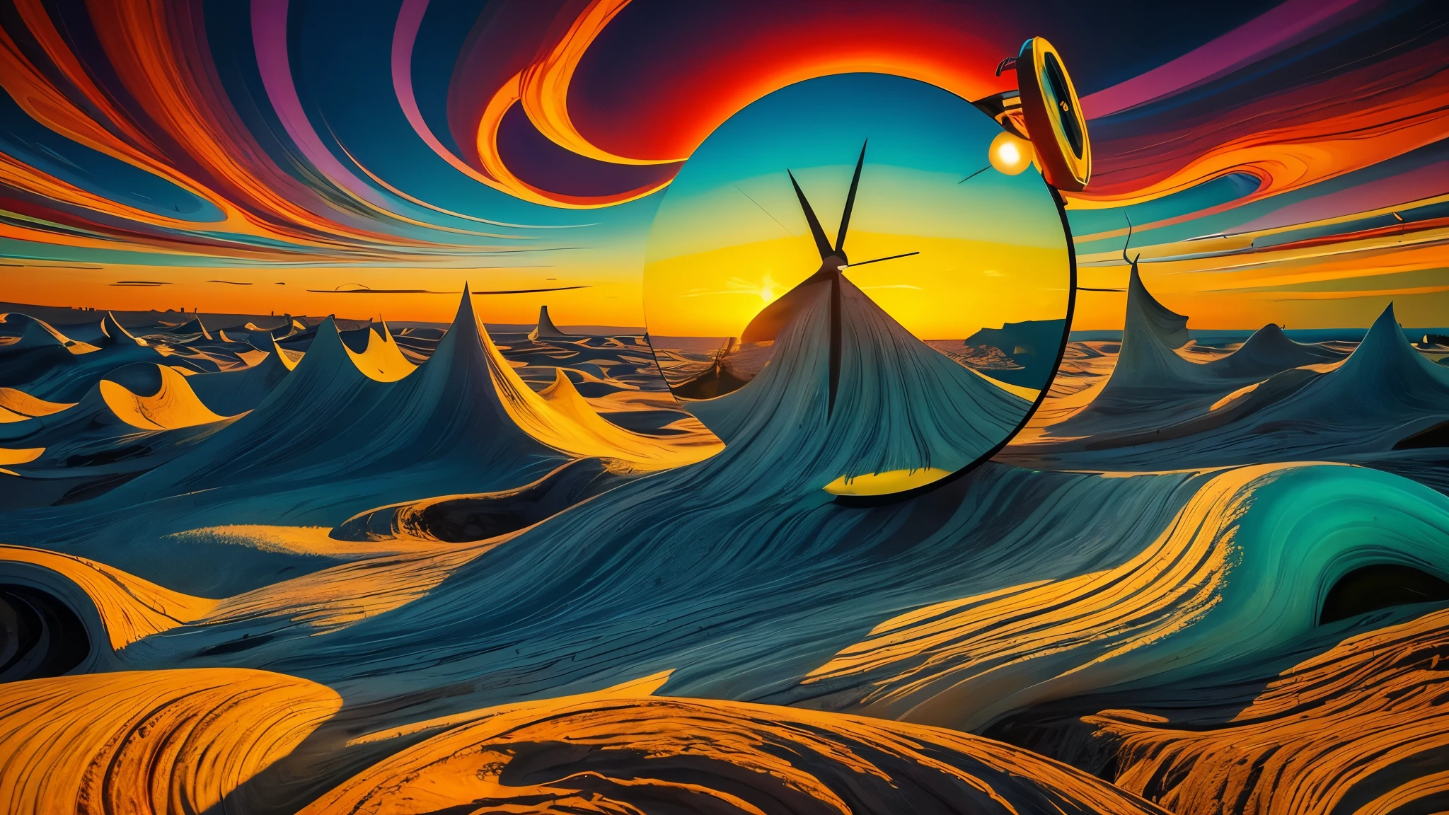 A surrealistic dreamscape painted in the style of Salvador Dal, featuring melting clocks draped over twisted landscapes and floating objects, creating a sense of distorted reality and subconscious exploration. score_9, score_8_up, score_7_up, zPDXL
