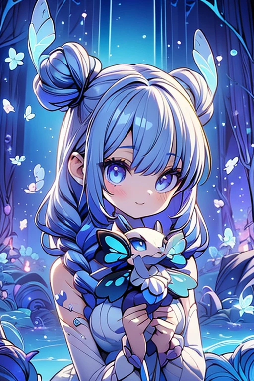 masterpiece, ultra detailed, girl, american next top model, braids & space bun hairstyle, slim thic, blue aesthetics, blue butterflies, anime, bee and puppycat style
