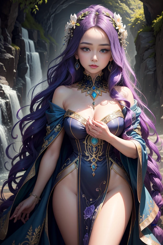 In the core of this captivating tableau, a Cryptic Enigma reigns supreme, a visual feast for the eyes, bathed in an ethereal glow. A sorceress of striking stature is the centerpiece, her cascading waves of lavender and opal locks cascading down in a radiant waterfall, each strand, intricately hand-painted with a shimmering sheen that captivates the viewer with its brilliance. Her countenance exudes a mesmerizing enigma, yet beneath it lies a soft empathy and wisdom that resonates from her gaze. Her hair, an intricate tapestry of glimmering curls