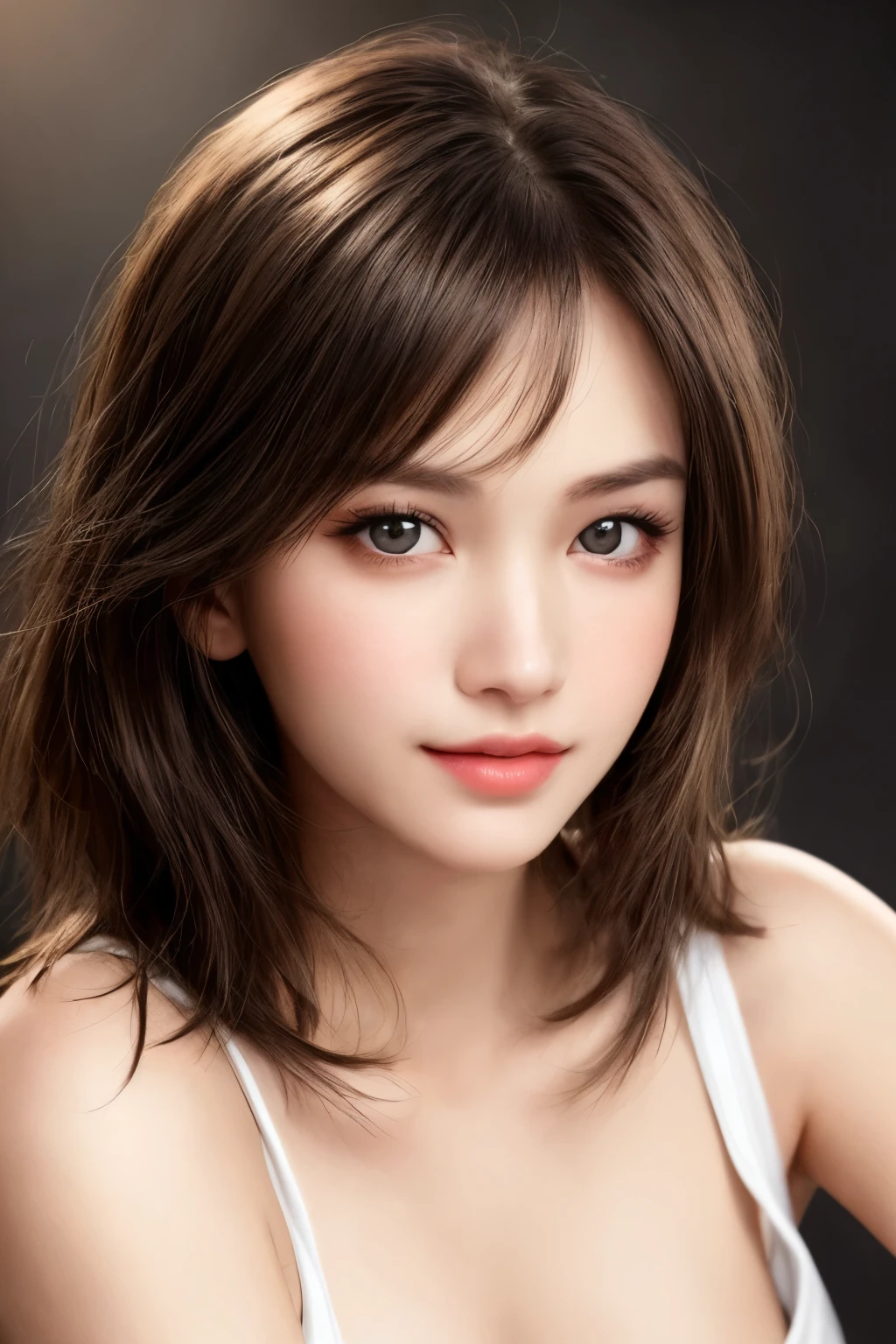 (close-up, editorial photograph of a 21 year old woman), (highly detailed face:1.4) (smile:0.7) (background inside dark, moody, private study:1.3) POV, by lee jeffries, nikon d850, film stock photograph ,4 kodak portra 400 ,camera f1.6 lens ,rich colors ,hyper realistic ,lifelike texture, dramatic lighting , cinestill 800, (highest quality、table top、8k、best image quality、Award-winning work)、(one young girl, 14 years old:1.3)、no sleeve, (red eyeshadow:1.2)、perfect makeup、long eyelashes、Super high-definition sparkling eyes、ultra high definition hair、ultra high resolution glossy lips、Super high resolution perfect teeth、Super high resolution cute face、brown hair、(very short straight hair:1.1)、look at me and smile、[clavicle]、accurate anatomy、(close up of face:1.5)、Luxury love hotel、(The most moody warm lighting:1.2)、blurred background、With bangs、Super high-resolution glossy and moisturized face、Super high resolutio n glowing skin、most detailed face、Ultra high resolution detailed faces、ultra high resolution hair、Fashion model 25 years old [[[[close-up]]], [[[[chest]]]], [[[[neck]]], [shoulders]]]]], Perfect eyes, Perfect iris, Perfect lips, Perfect teeth, Perfect skin, Soft front light, Glow, HDR, (Soft color: 1.2), Best quality, masterpiece, ultra high res, (photorealistic:1.37), raw photo, 1girl, long hair, beautifull eyes, beautifull face, detailed eyes and face, t-shirt, dynamic lighting, in the dark, table top, highest quality, realistic, Super detailed, finely, High resolution, 8k wallpaper, 1 beautiful woman, light brown messy hair, Realistic, High Resolution, [[[ Only one girl ]]]], Wavy black hair, Blue eyes, Stylish tank top, Upper body, Big breasts, Cleavage, Sitting on chair, Pose random, 8K, Very detailed, High Resolution, Facing camera ( One woman), One woman, (Very realistic, High Resolution), ( Very Detailed Eyes, Very Detailed Hair, Very Detailed Face, Very Detailed Plump Lips), (Breast Open Off Shoulder), Breasts, Upper Body, Affectionate Smile, Golden H