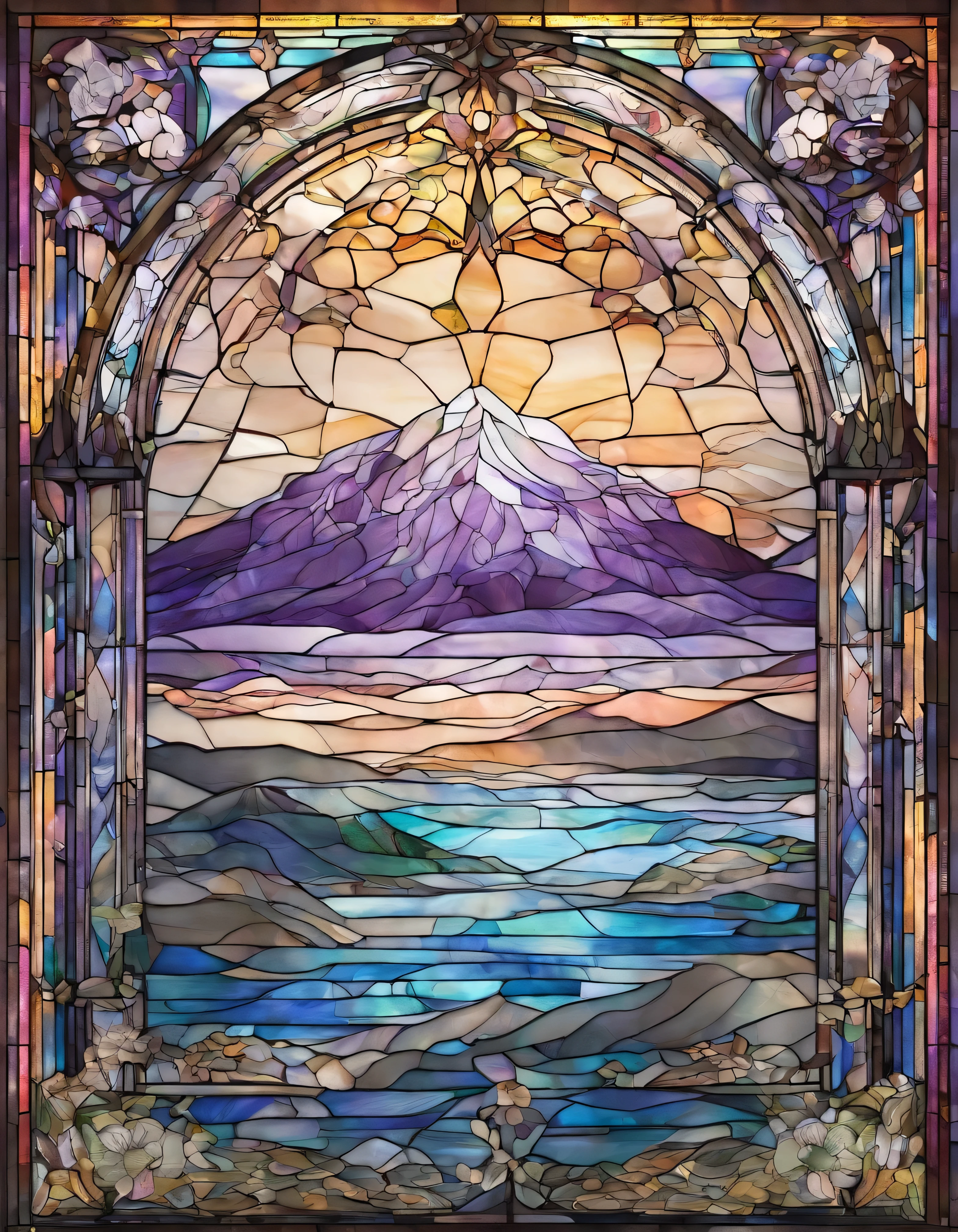 Fuji Mountain、 Innocence、Transparent glass、very elaborate stained glass、Amethyst Crystal, Iridescent Labradorite Crystals、Intricate and highly detailed backgrounds, Fantasy, Craftsmanship, Craftsmanship detailed, Complex