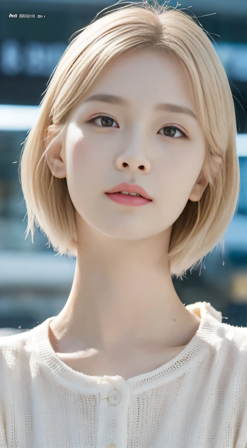 8k quality, highly detailed face and skin texture, beautiful Korean woman, short white Chanel hair, white eyebrows, cute face, double eyelids, perfect body, , small butt, pale skin, airport background
