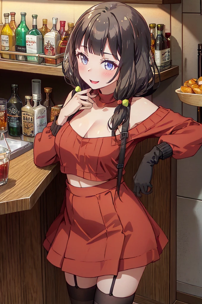 (from above:1.2),(from side:0.9), ((Face)), (Close-Up:0.4), masterpiece,"A 26-year-old girl stands at a bar counter. She is dressed in a stylish off-shoulder dress, sweater dress, off-shoulder sweater, red sweater,garter stocking, midriff, red skirts, black thighhighs, thigh strap, pretty girl, (highly detailed beautiful face and eyes,firm breasts),real skin,((black,hair,long pony tail hair)),thin pubic hair,cute and lovely pose, detailed eyes, This masterpiece is only visually stunning but also tells,(double breasted:0.6,under bust:0.6,cleavage:1.1,),(small breasts:1.2),(perky chest:1.1), (pointed chest:1.3), medium hips, glamorous body,(with sparkling eyes and a contagious smile),open mouth. The bar is beautiful, with colorful bottles of alcohol in the background and a soft glow from neon lights. The atmosphere is relaxed, and the girl looks confident and fashionable.",full body, sexy pose,make a cocktail , in a bar counter, Looking at Viewer, 